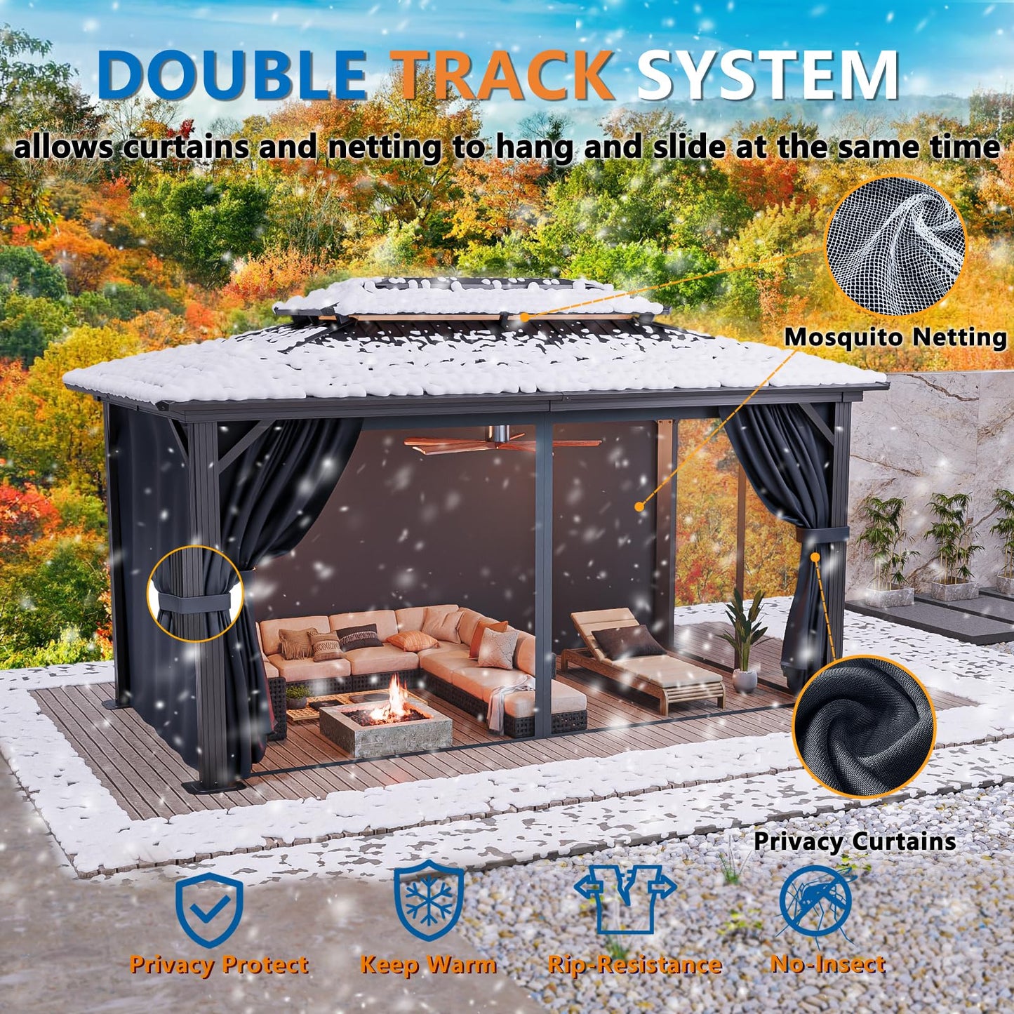 HOTEEL 10x15 Hardtop Gazebo On Clearance with Heavy Duty Galvanized Steel Metal Roof, Patio Hard Top Gazebo with Curtains & Netting,Outdoor Permanent Hot tub Gazebo Pavillon for Backyard,Deck,Black