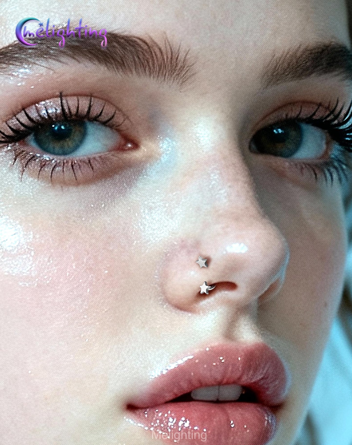 Melighting 20G Horseshoe Nose Rings Hoop, Threadless Nose Piercing with Piercing Taper Ball Grabber Tool 316L Stainless Steel, Star Septum Lip Helix Rook Piercing Jewelry for Women 8 mm