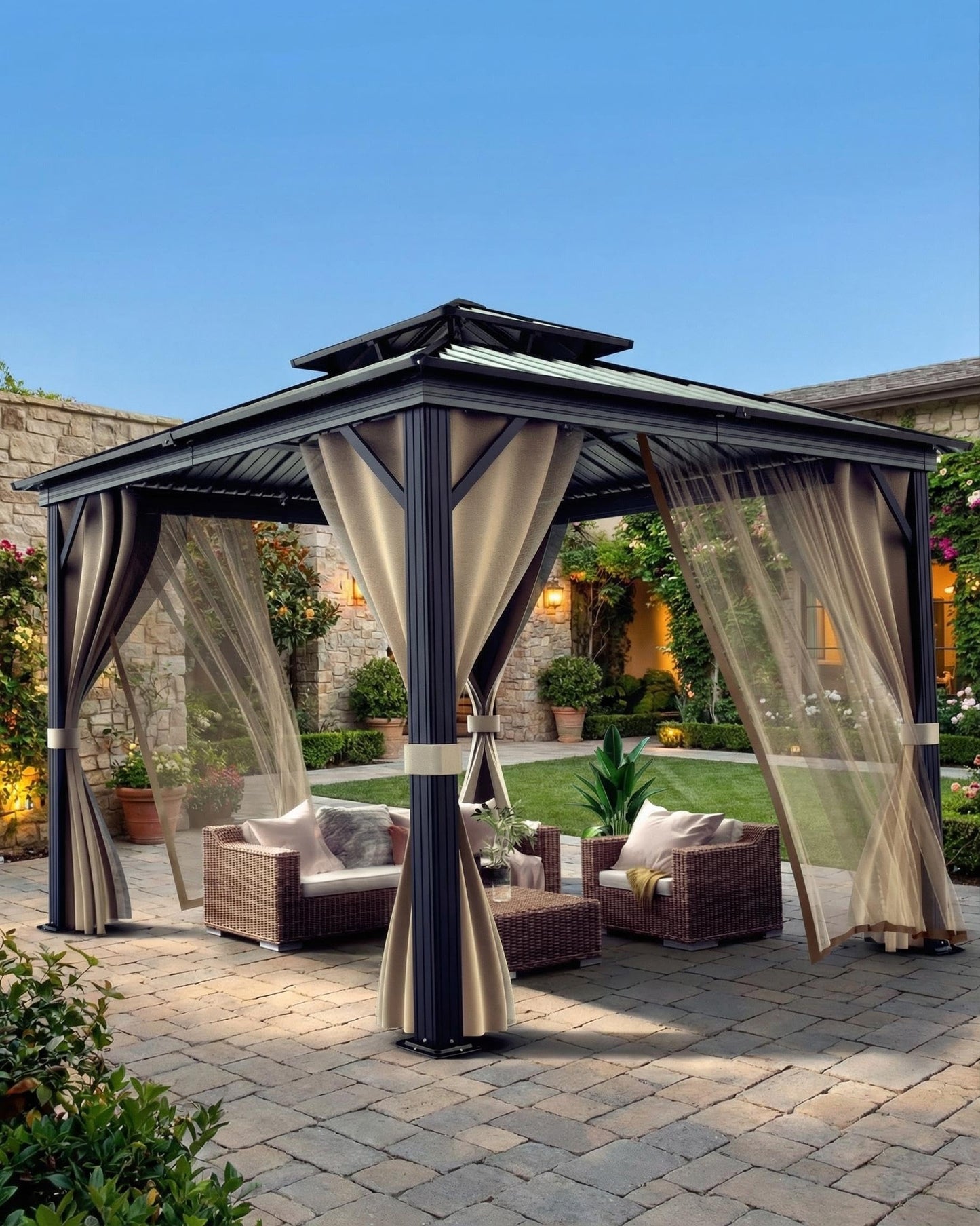 12'X12' Hardtop Gazebo, Galvanized Steel Aluminum Frame with Double Roof, Heavy-Duty Outdoor Patio Gazebo with Curtains & Netting for Backyard, Deck, Porch, Garden, Lawn, Khaki