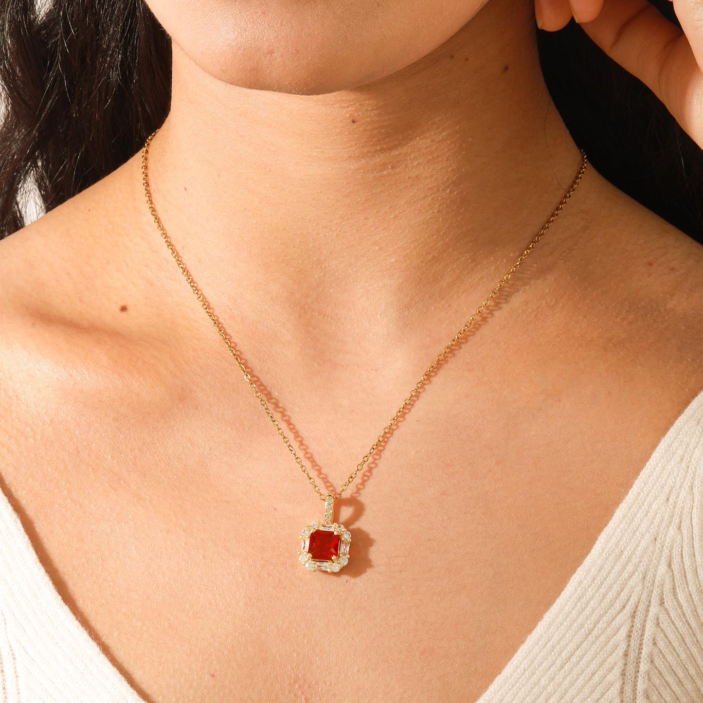 crataly Red Square Garnet Necklace for Women-Gold Plated January Birthstone Necklace For Valentines Day Mother's Day Christmas Birthday Gifts
