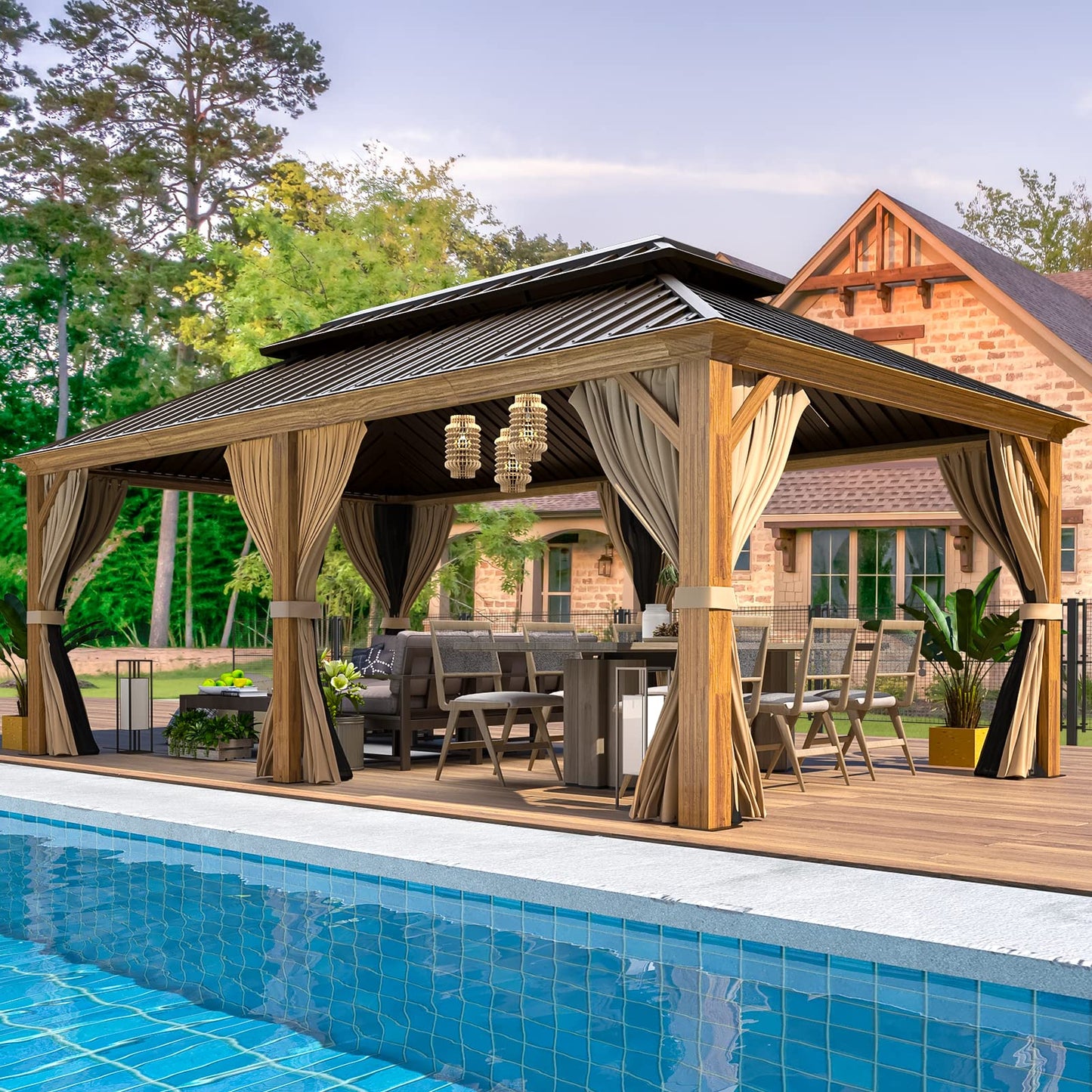 EROMMY 12'x20' Gazebo, Galvanized Steel Double Roof with Wood Grain Aluminum Frame, Outdoor Permanent Metal Pavilion with Curtains and Nettings for Patio, Backyard and Deck