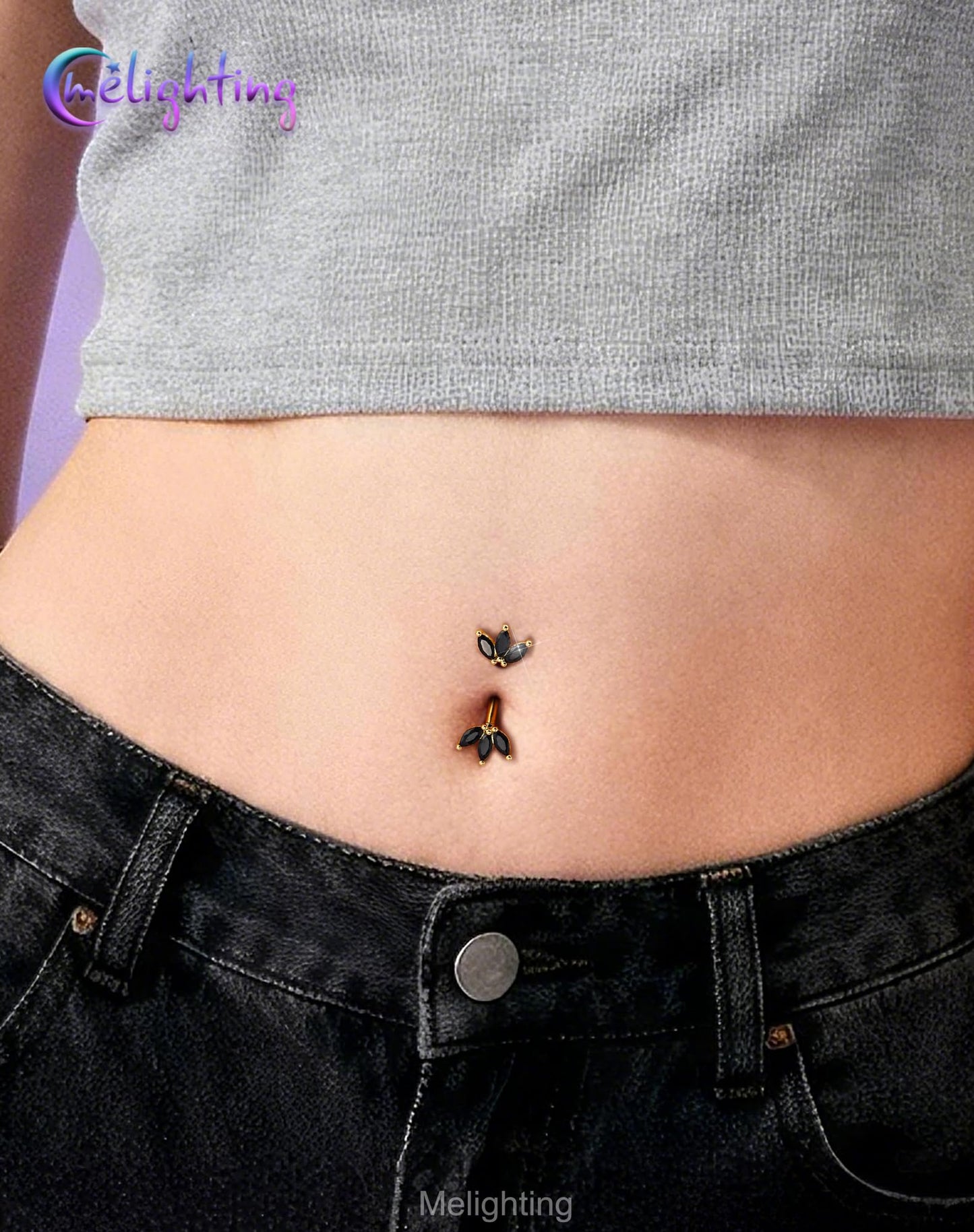 Melighting 14G Gold Lotus Belly Button Ring, Black CZ Navel Ring 316L Surgical Stainless Steel Marquise 5A CZ Belly Bar 8 mm