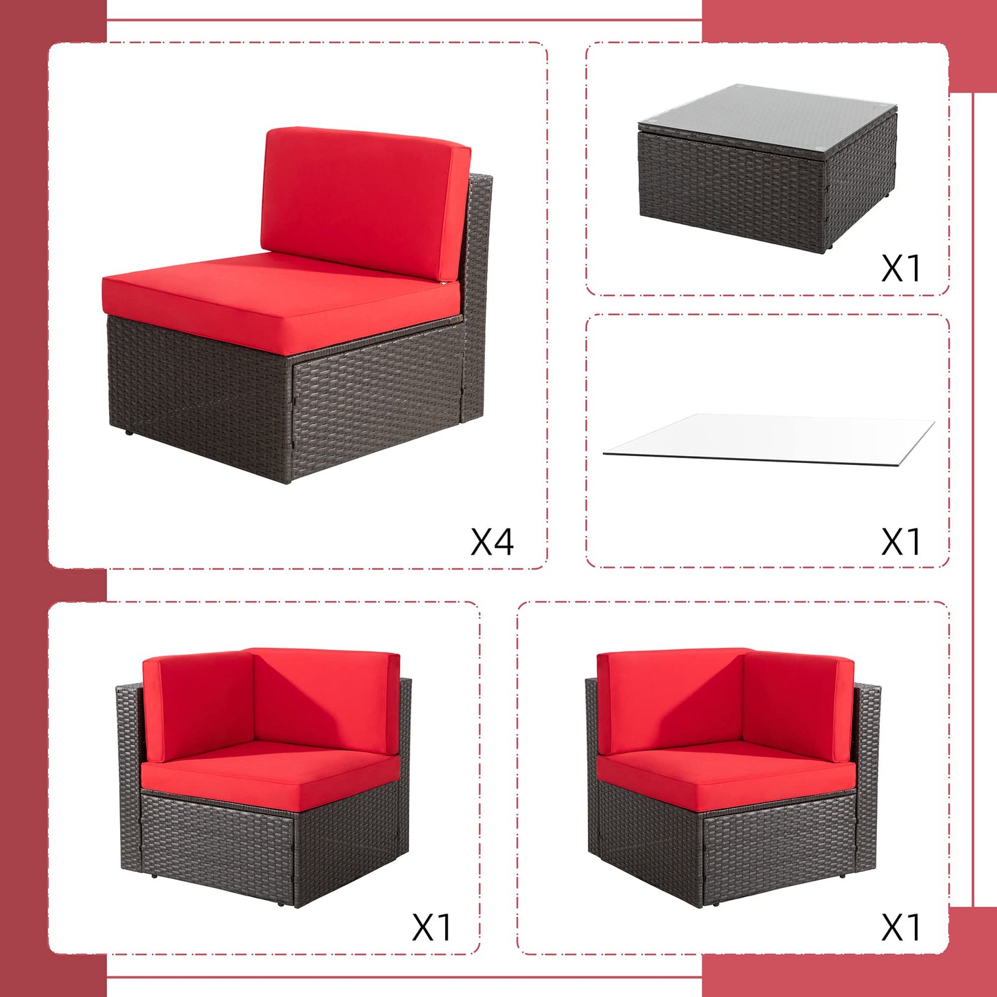 Shintenchi 7 Pieces Patio Furniture Sets Outdoor All-Weather Sectional Patio Sofa Set PE Rattan Manual Weaving Wicker Patio Conversation Set with Glass Table&Ottoman Cushion and Red Pillows, Red