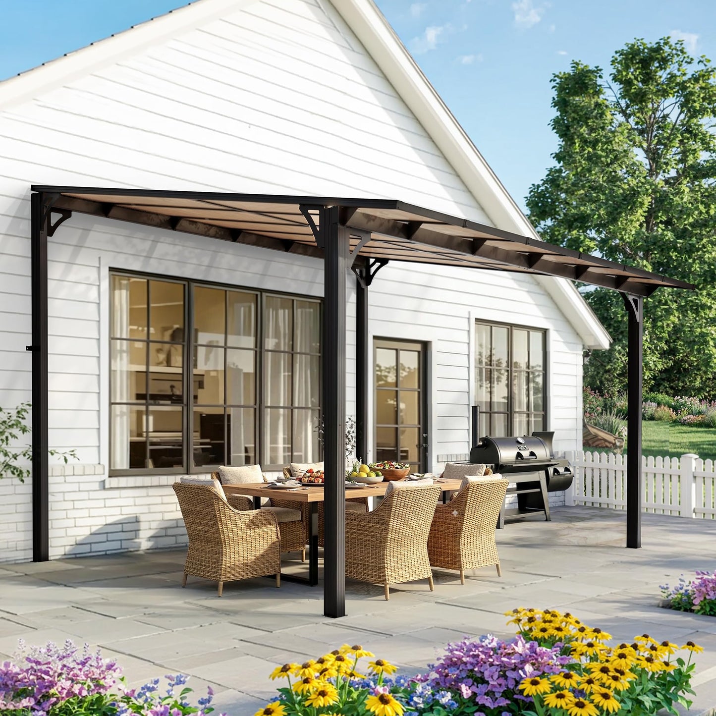 Pamapic 10x12FT Wall Mounted Gazebo, Hardtop Lean to Gazebo with Aluminum Frame & UV Resistant Polycarbonate Roof, Outdoor Patio Awning for Deck, Porch, Lawn & Backyard