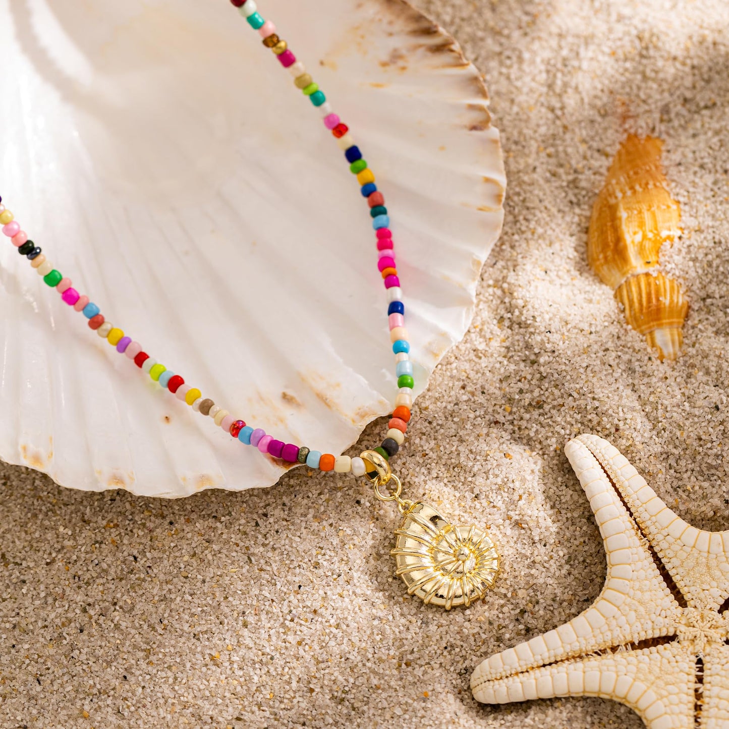 Plenky Gold Necklace for Women-Colorful Beaded Necklaces 14K Gold Plated Bohemian Choker Shell Beachy Jewelry for Women Gifts