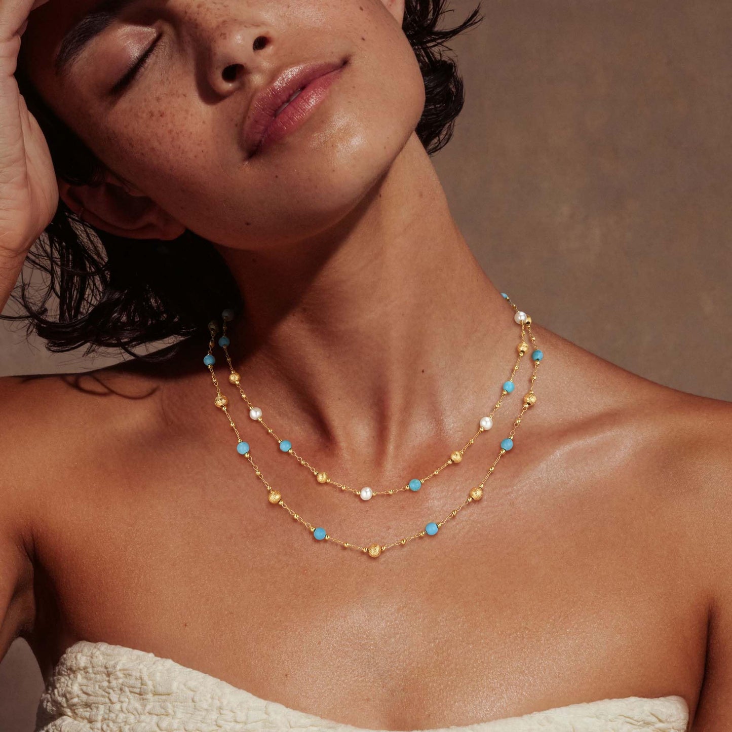 MTMY Beaded Necklaces for Women 14K Gold Plated Dainty Colorful Green/Rose Beaded Pearl Choker Necklace Delicate Boho Choker Necklace Jewelry Gift (turquoise pearl)