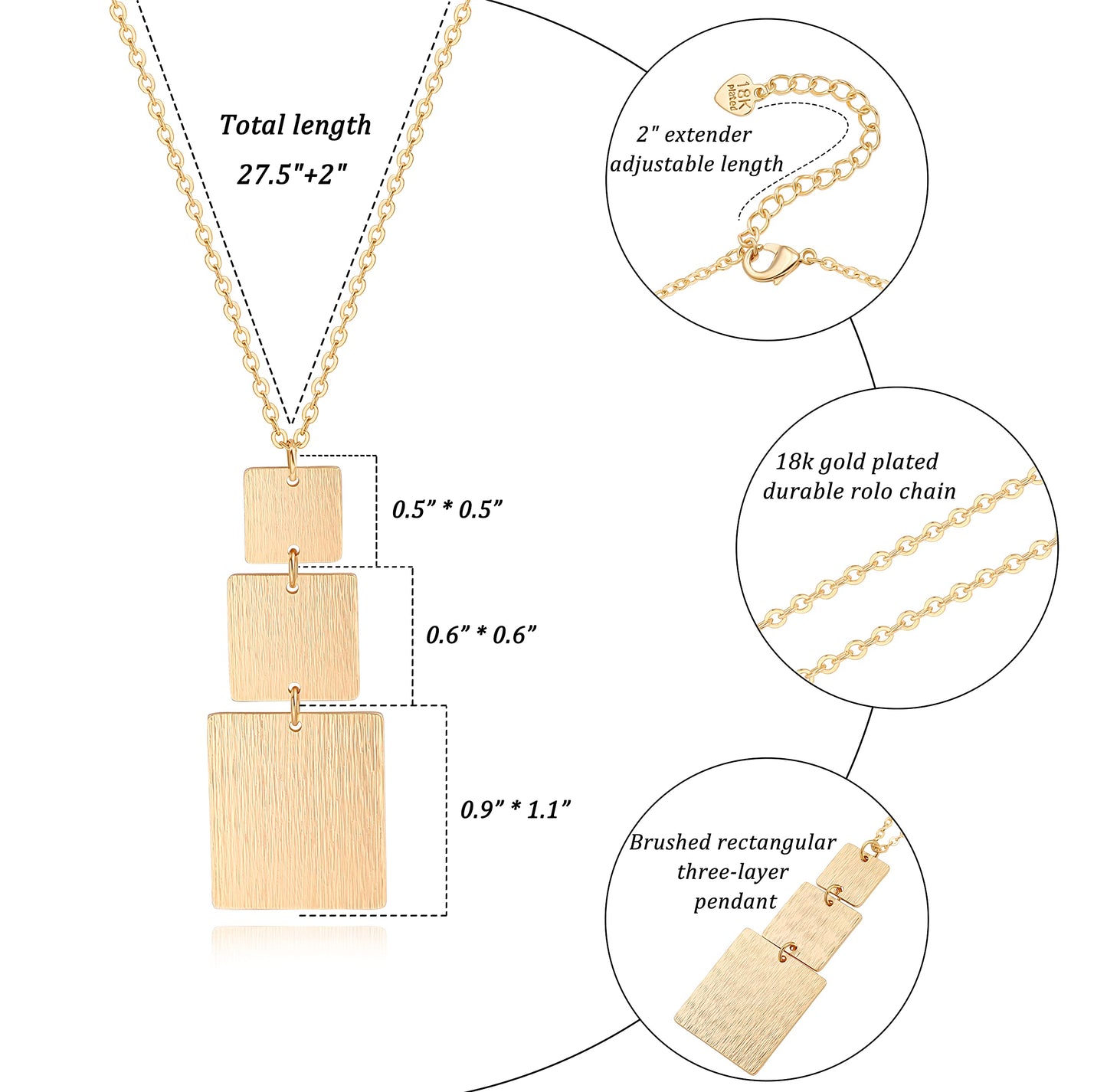 Long Rectangle Pendant Dainty 18K Gold Plated Chain Necklace Statement Handmade Multi-Layer Brushed Pendant Y Necklaces for Women