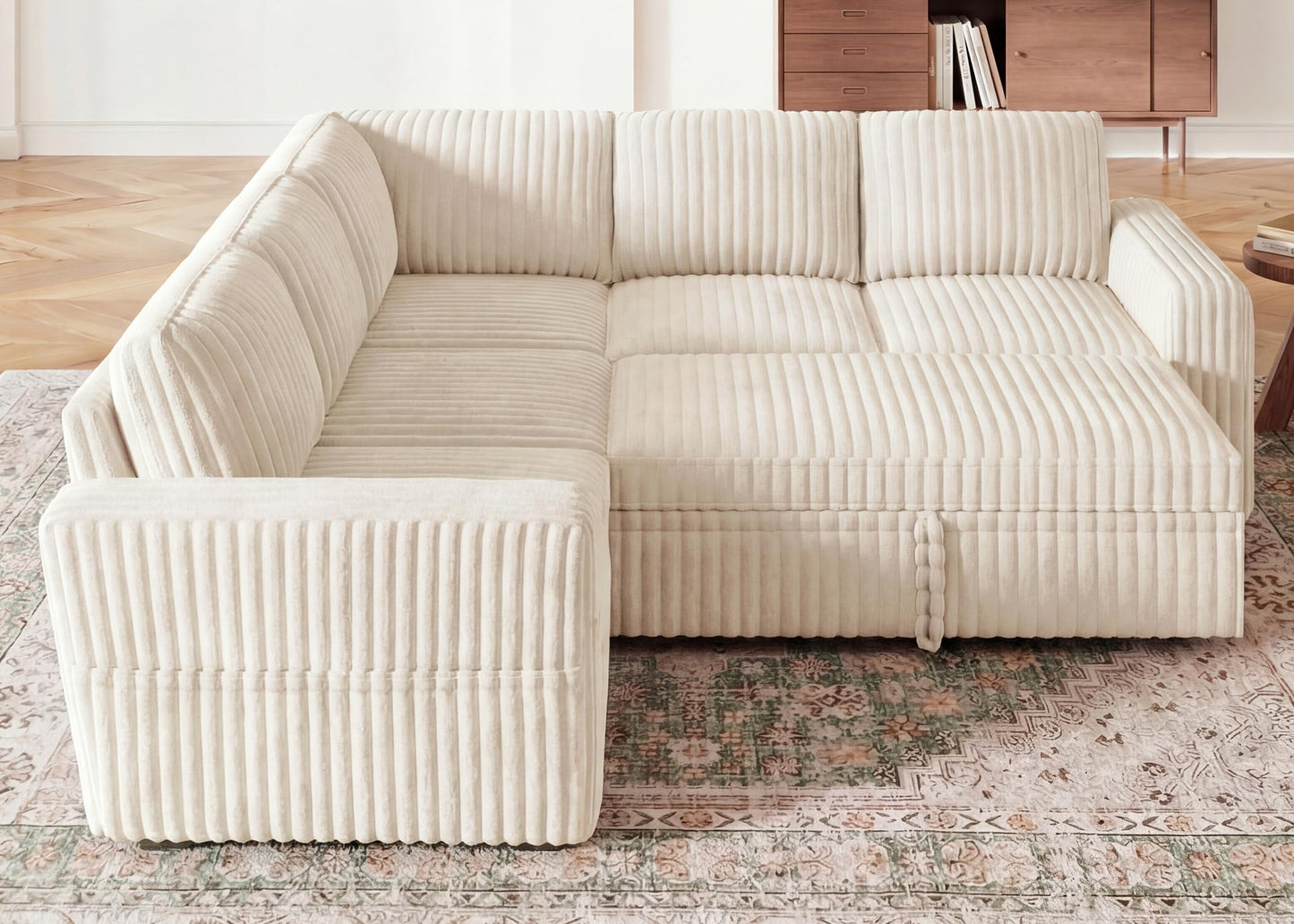 HONBAY Modular Sectional Sleeper Sofa with Pull Out Bed,Corduroy L Shaped Couch with Storage, Sectional Couches for Living Room,Beige