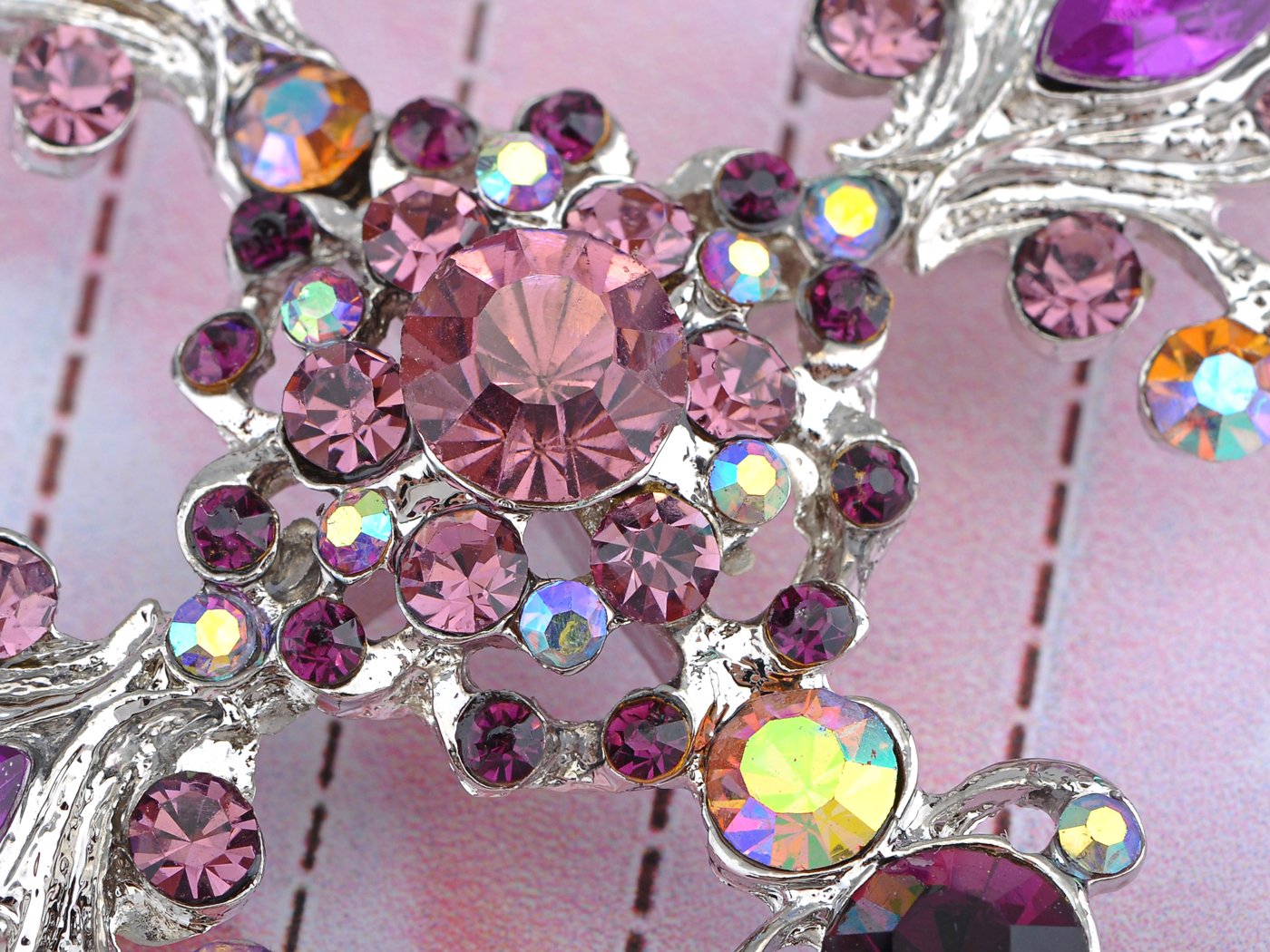 Alilang Silvery Tone Victorian Inspired Flourish Flower Clear Crystal Rhinestone God Cross Pin Brooch Purple