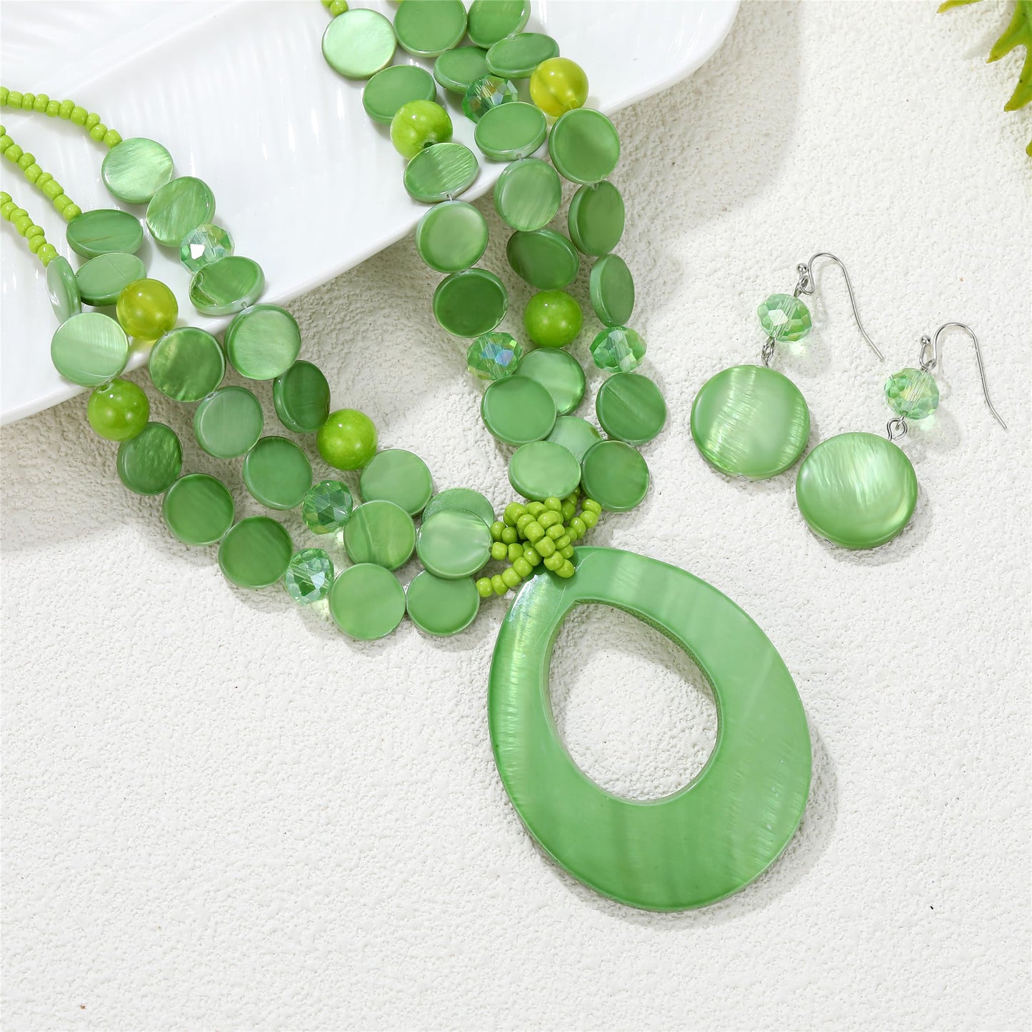 Aenu Multi-Strand Beaded Necklace with Teardrop Pendant Colorful Beads Statement Jewelry Set for Women (Green)