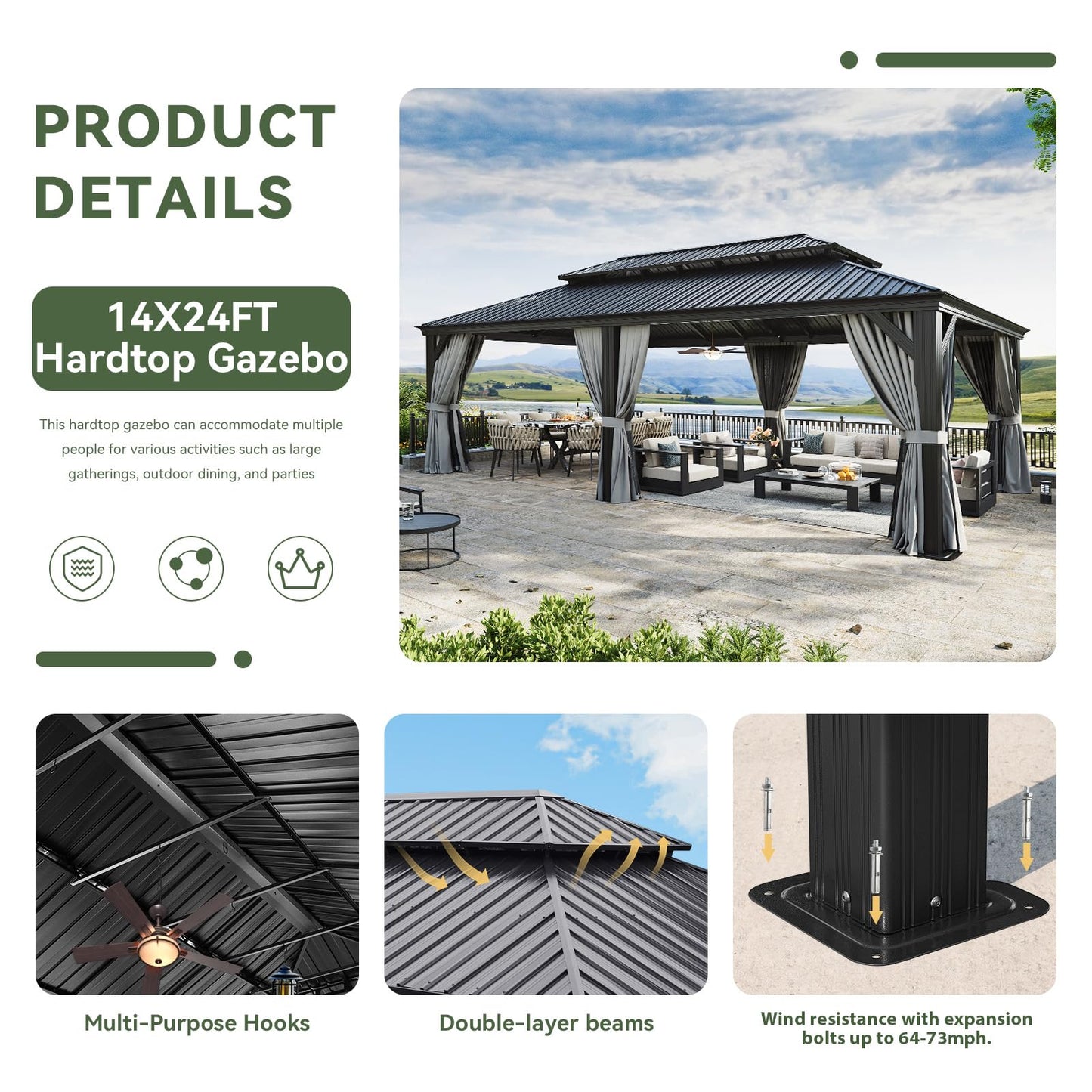 Aoxun 14' X 24' Hardtop Gazebo with Drainage System, Aluminum Outdoor Gazebo with Galvanized Steel Double Roof, Patio Permanent Metal Pavilion with Netting, for Garden, Deckyard, Grey