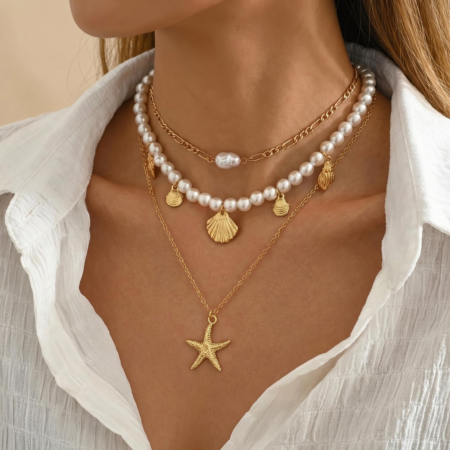 Shell Starfish Necklace for Women, Gold Plated Layered Pendant Necklace with Pearl Conch Charms, Boho Coastal Summer Beach Vacation Jewelry Gifts(Pearl&Starfish)