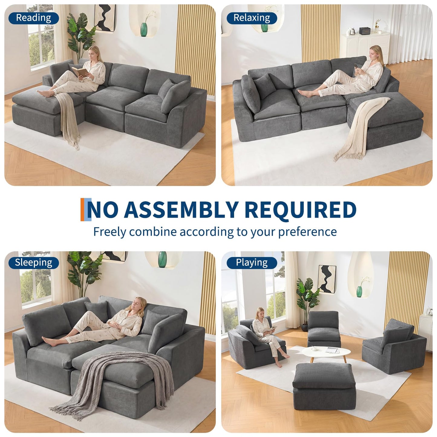 Modular Sectional Couches for Living Room, 110" Cloud Couch, 4 Seater l-Shaped Chenille Sofa Movable Ottoman