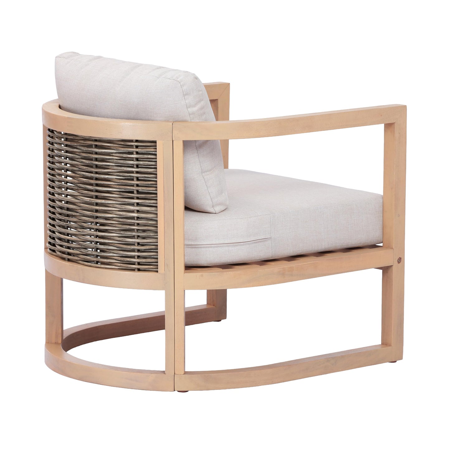 Merax 4 Piece Rattan Woven Paito Conversation Set, All-Weather Acacia Wood 3 Seater Sofa,2 Club Armchairs with Coushions, 1 Coffee Table for Porch, Lawn, Backyard, Balcony, Light Teak