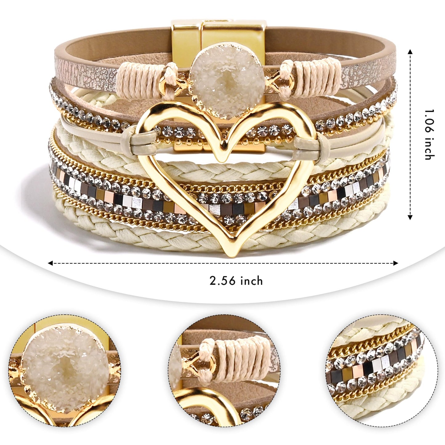 VIBILIA Boho Leather Wrap Bracelets for Women Heart Multi-Layer Bracelets with Strong Clasp Jewelry for Women-Khaki