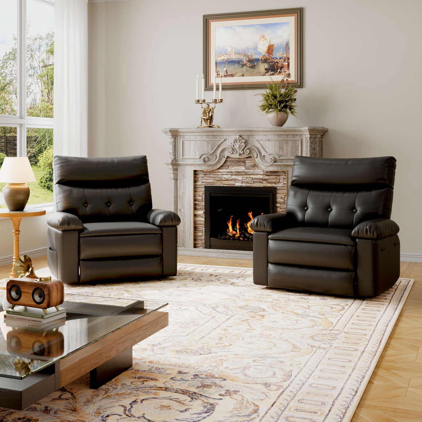 Garvee Oversized Recliner Chair - PU Leather Manual Recliner for Adults, Comfy Reclining Chair with Overstuffed Arms and Back, Side Pocket, Single Sofa for Living Room, Bedroom