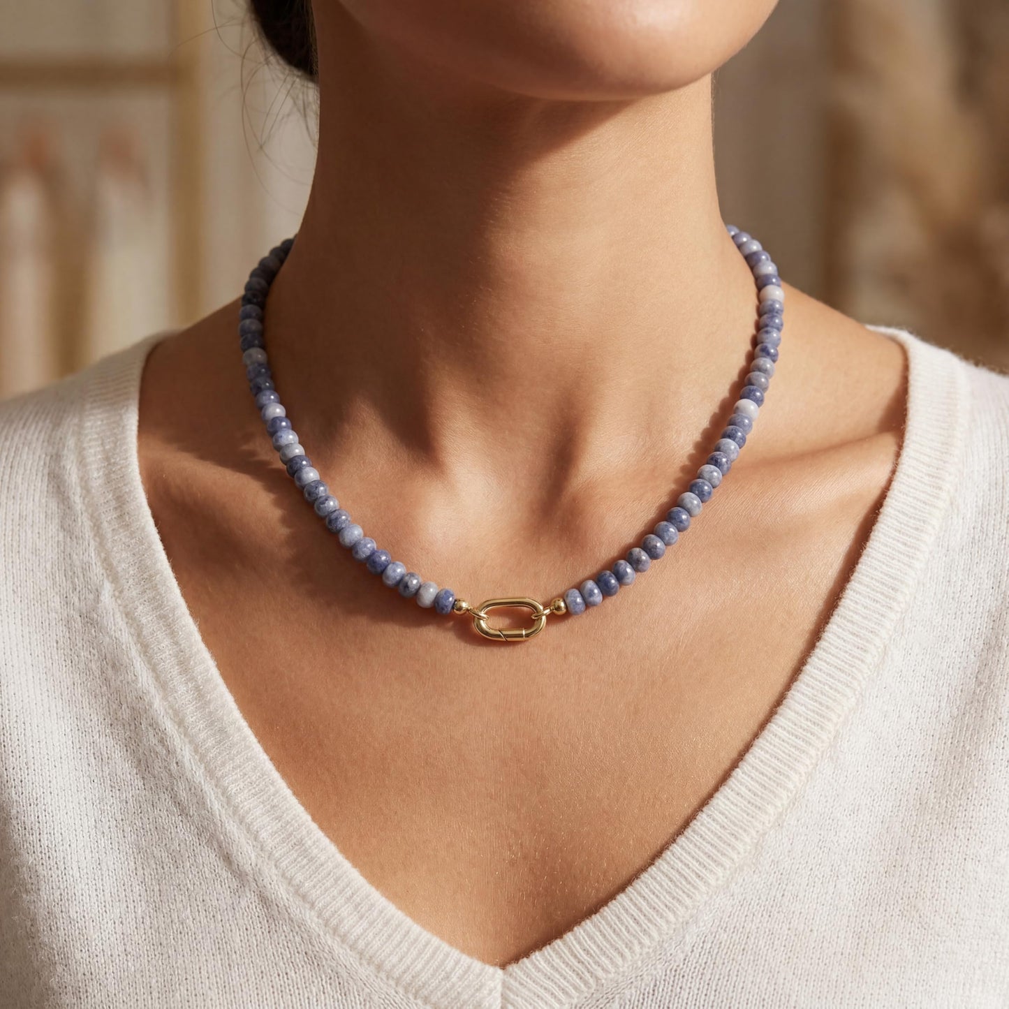 CONRAN KREMIX Blue and White Stone Beaded Necklace for Women,Natural Stone Bead Choker Necklaces Boho Summer Beach Necklace Gemstone Jewelry Gift for Women