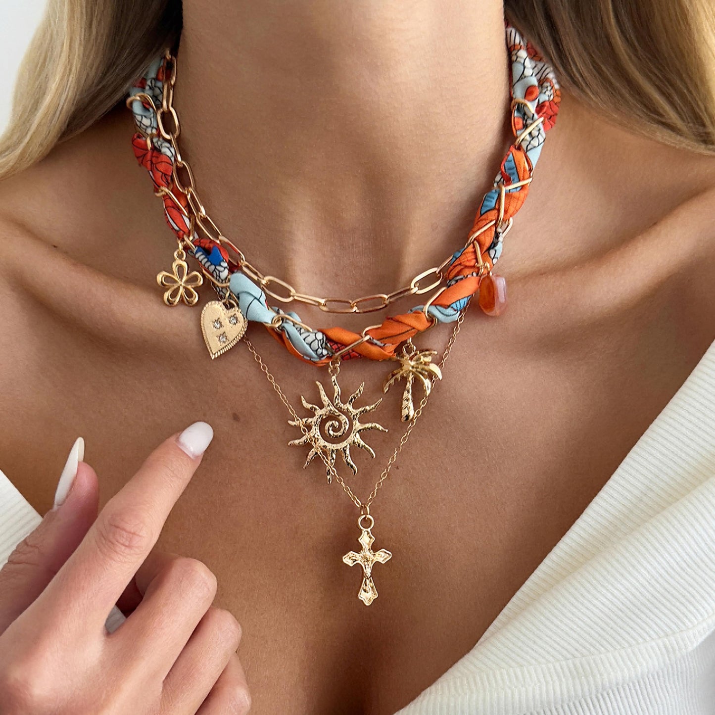Your Always Charm Layered Scarf Necklace for Women - 3 Pcs Bandana Starfish Flower Shell Necklace with Charms, Summer Beach Boho Jewelry, Layered Choker Gift