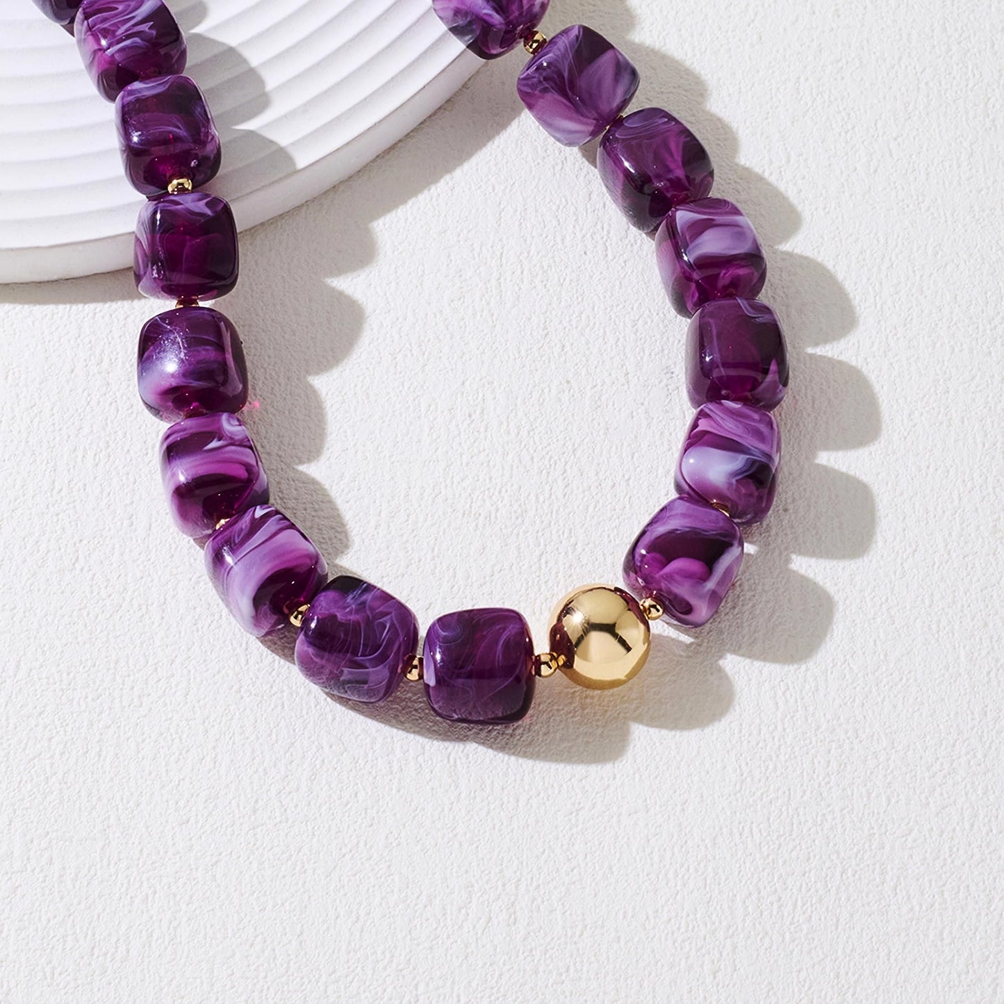WOWORAMA Chunky Beaded Necklaces for Women Elegant Purple Square Resin Beads Necklace Trendy Chunky Choker Collar Necklaces Boho Statement Jewelry
