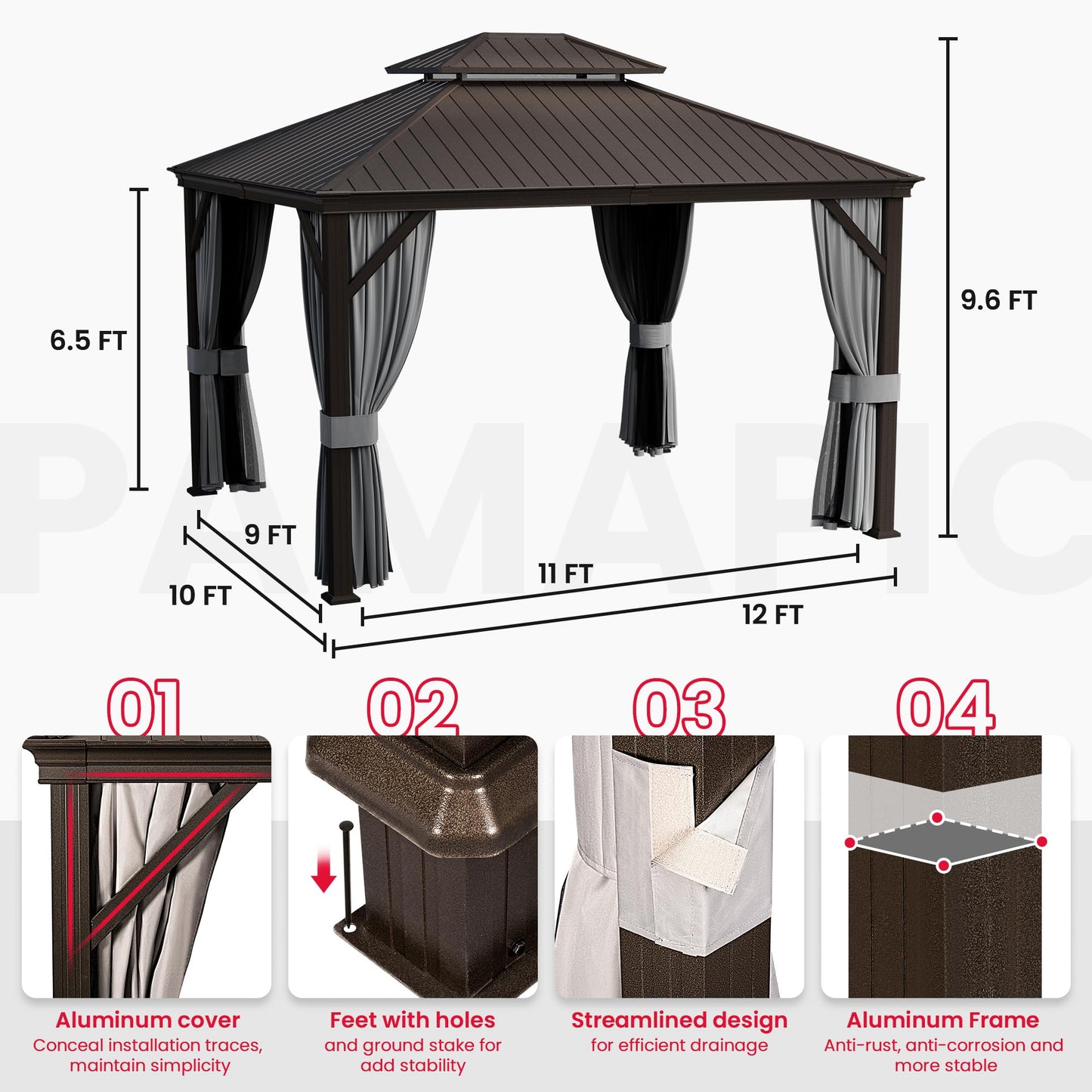 PAMAPIC 10x12FT Premium Hardtop Gazebo, 2-Tier Galvanized Steel Roof with Aluminum Frame, UV-Proof Curtains & Mosquito Netting, All-Weather Outdoor Pavilion for Backyard, Garden & Parties,Brown