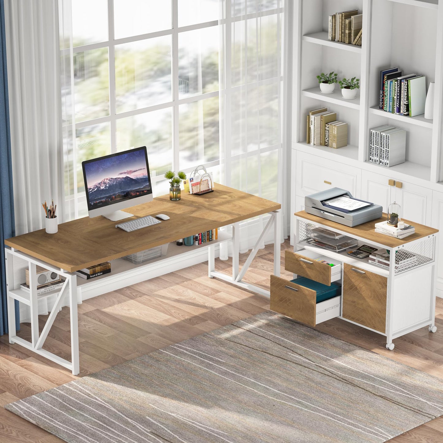 Tribesigns L Shaped Desk with Drawer Cabinet, 63" Executive Computer Desk and lateral File Cabinet, 2 Piece Home Office Furniture with Drawers for Hanging, Doors with Locks (Light Walnut, 63 inches)
