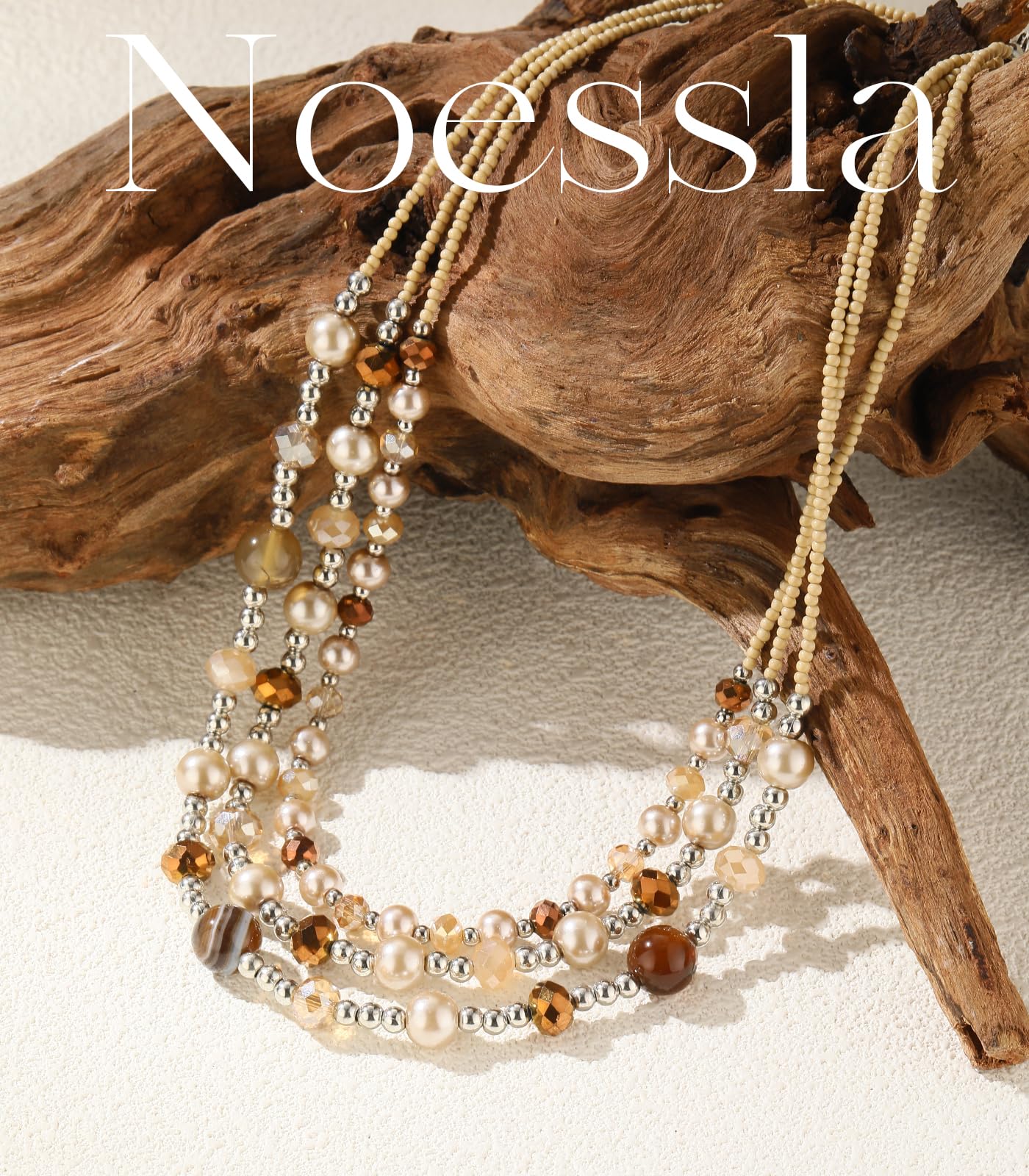 Noessla Beaded Statement Necklaces for Women Layered Chunky Bead Necklace Fashion Costume Jewelry Gifts for Mom(Champagne Brown)