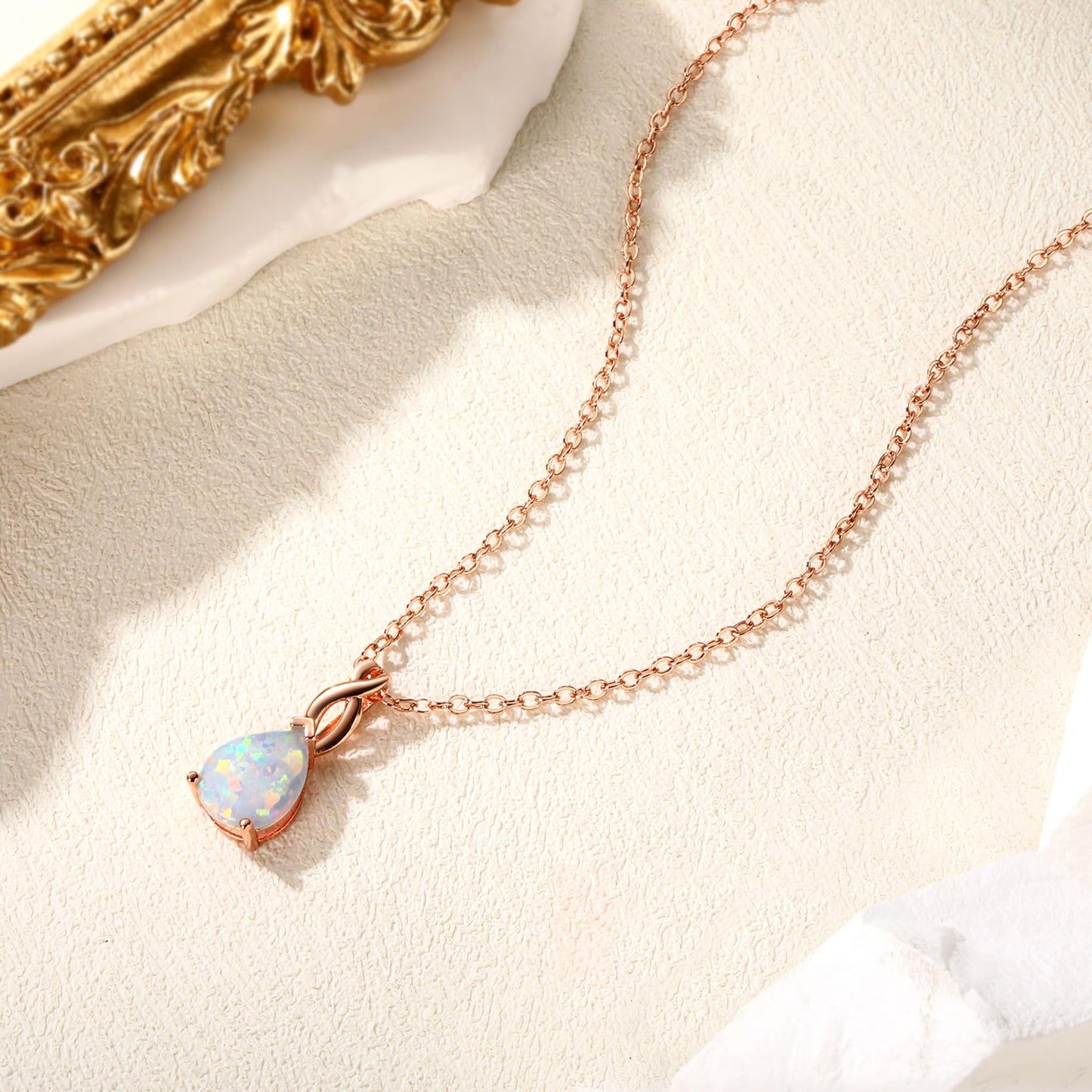 VOLUKA Teardrop White Fire Opal Necklace for Women 18K Rose Gold Plated October's Birthstone Gemstone Pendant Vintage Elegant Friendship Link Chains Choker Mother