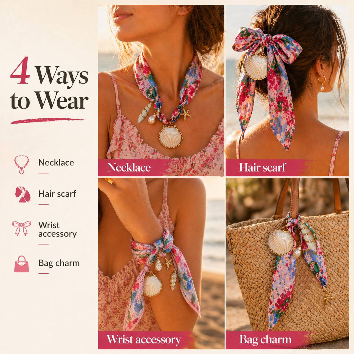 UQRUI Floral Scarf Necklace with Charm for Women, Tropical Shell Pendant Jewelry, Boho Summer Beach Vacation Accessories
