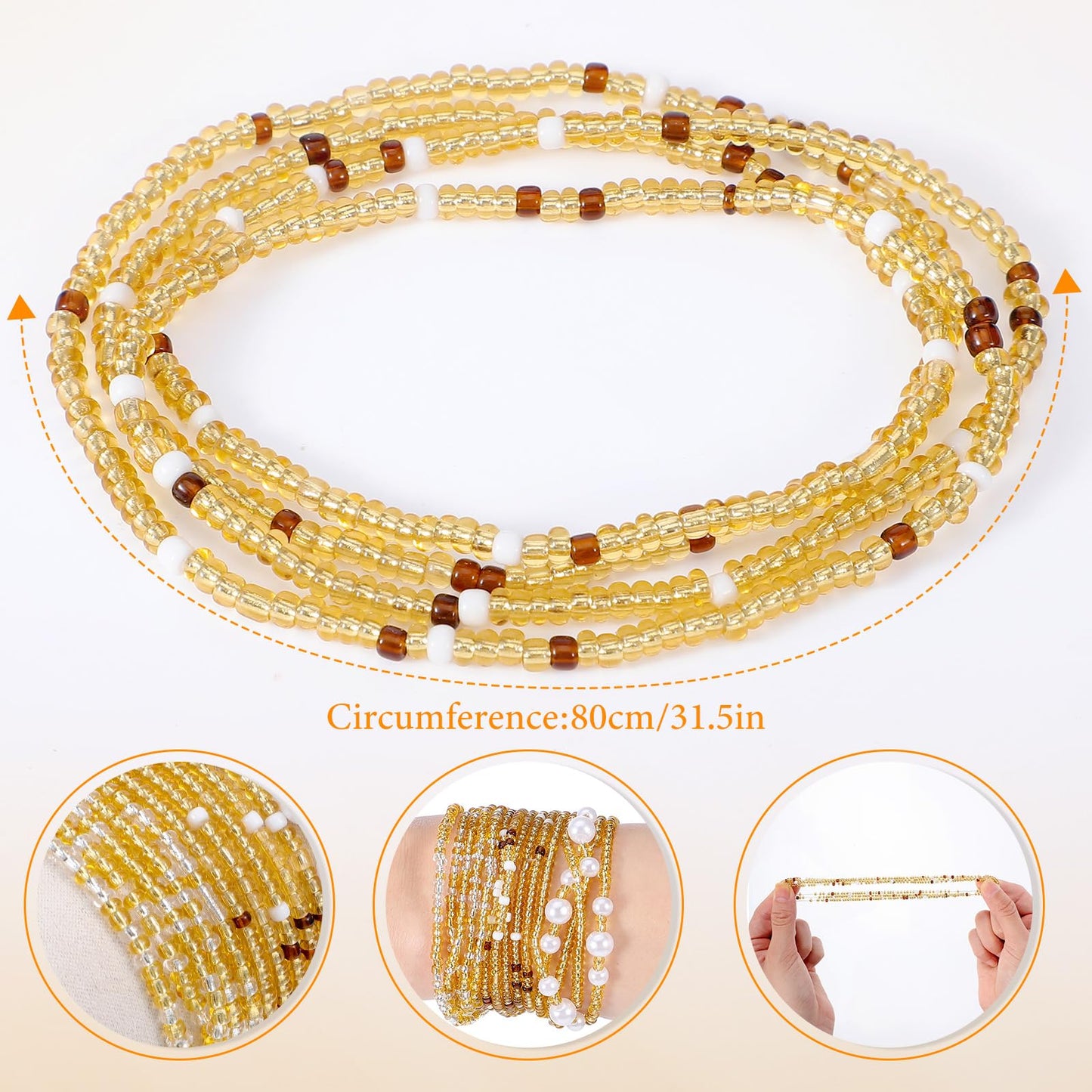 9Pcs Belly Beads for the Waist - Stretchy African Waist Beads for Weight Loss For Bikini Beach Summer - Gold White Black Belly Chain