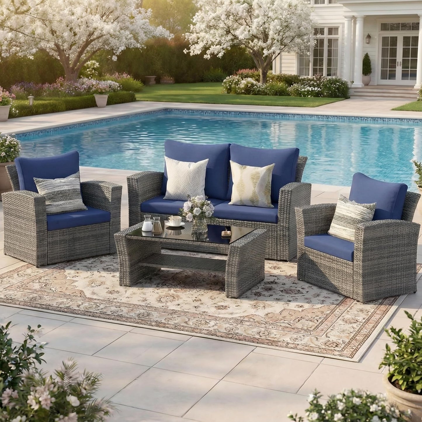 Wisteria Lane Patio Furniture Set, Wicker Outside Outdoor Furniture for All Weather, Patio Sofa with High Backrest Support and Wide Armrest for Backyard, Balcony, Deck, Porch, Blue