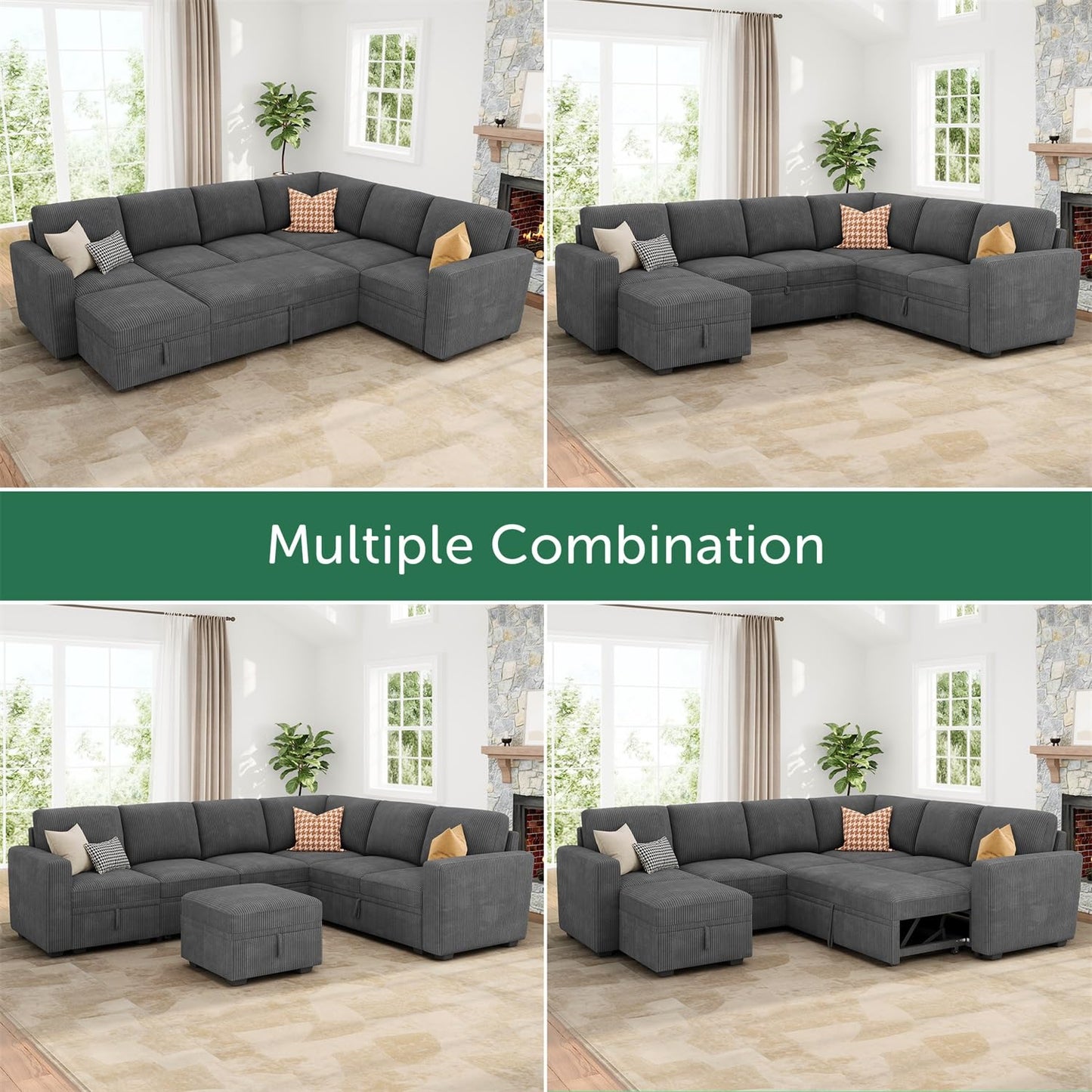 HONBAY Modular Sectional Couch with Pull Out Bed, Corduroy Sleeper Sofa with Storage Ottoman, U Shaped Sectional Couches for Living Room, Dark Grey