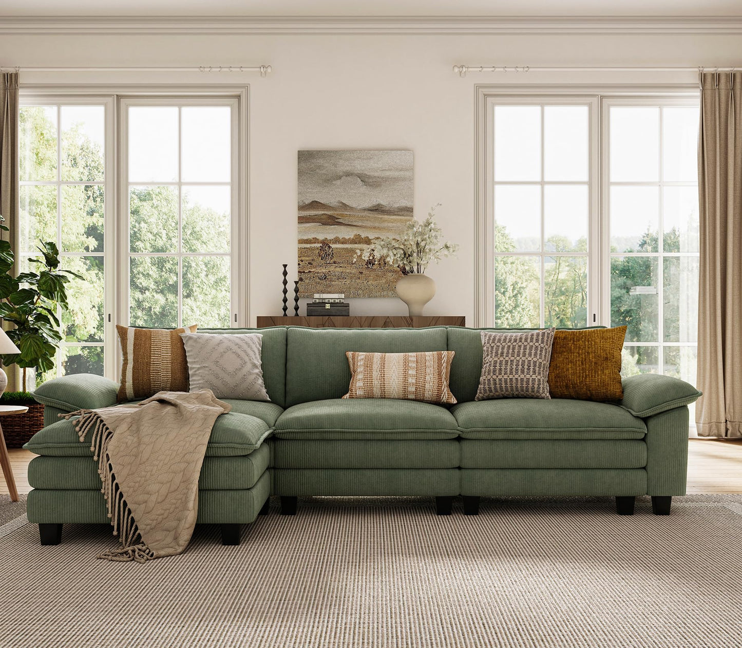 LINSY HOME 123'' Modular Sectional Sofa Green Couch Corduroy Cloud Couches for Living Room, L Shaped Couch with Movable Ottoman, Modern Cloud Sectional Sofas for Bedroom and Apartment, Green
