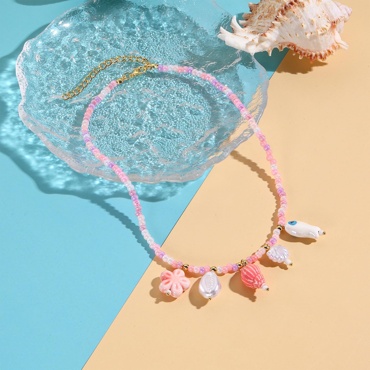 JAGWQRK Starfish Shell Charm Necklaces for Women Boho Adjustable Beaded Fish Shell Charm Necklace Hawaiian Summer Beach Surfe Party Present Jewelry