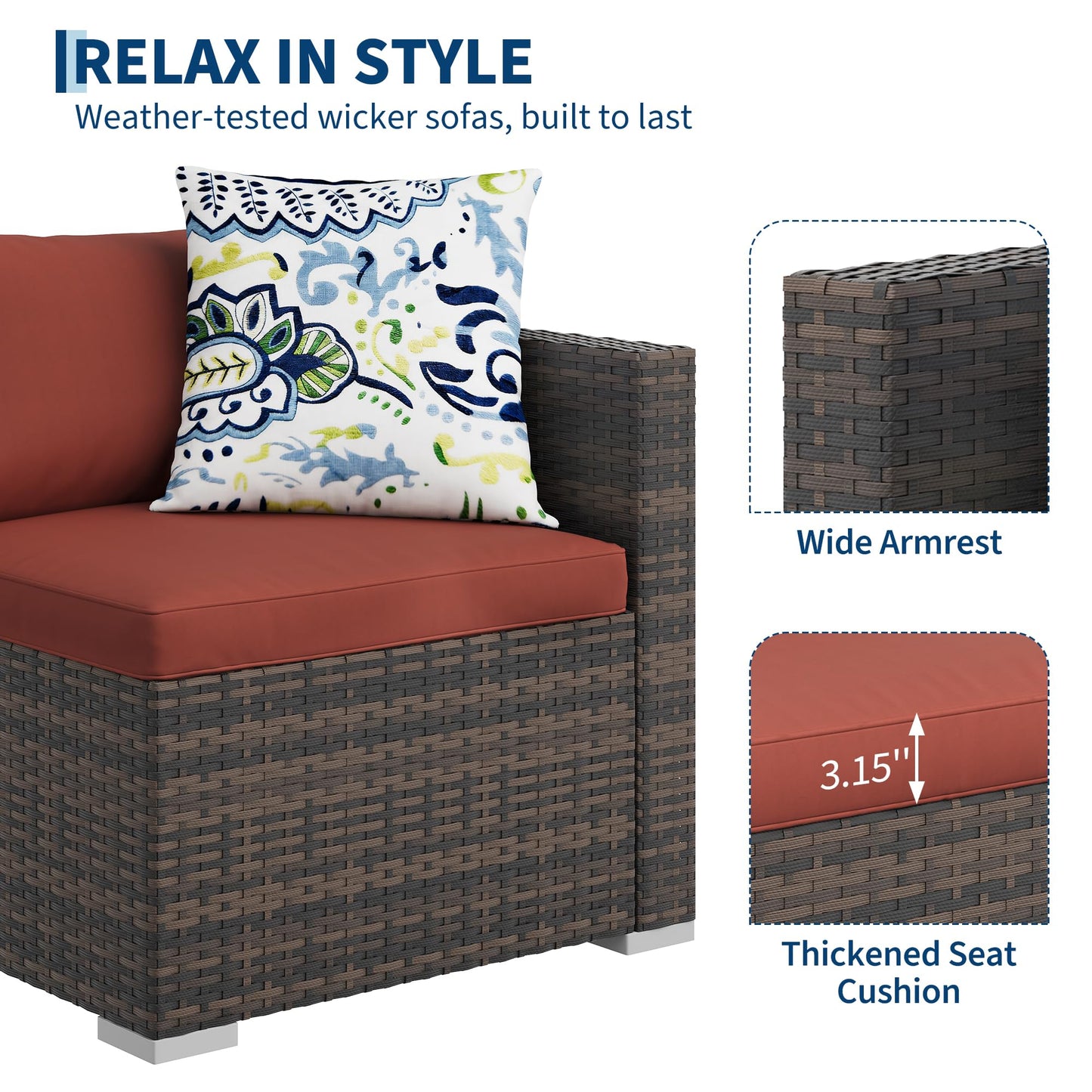 MilleLoom 5-Piece Outdoor Sectional Sofa Set, All-Weather PE Rattan Patio Furniture with Ottoman & Tempered Glass Table, Convertible Garden Couch for Backyard, Porch, Poolside (Brown/Wine Red)