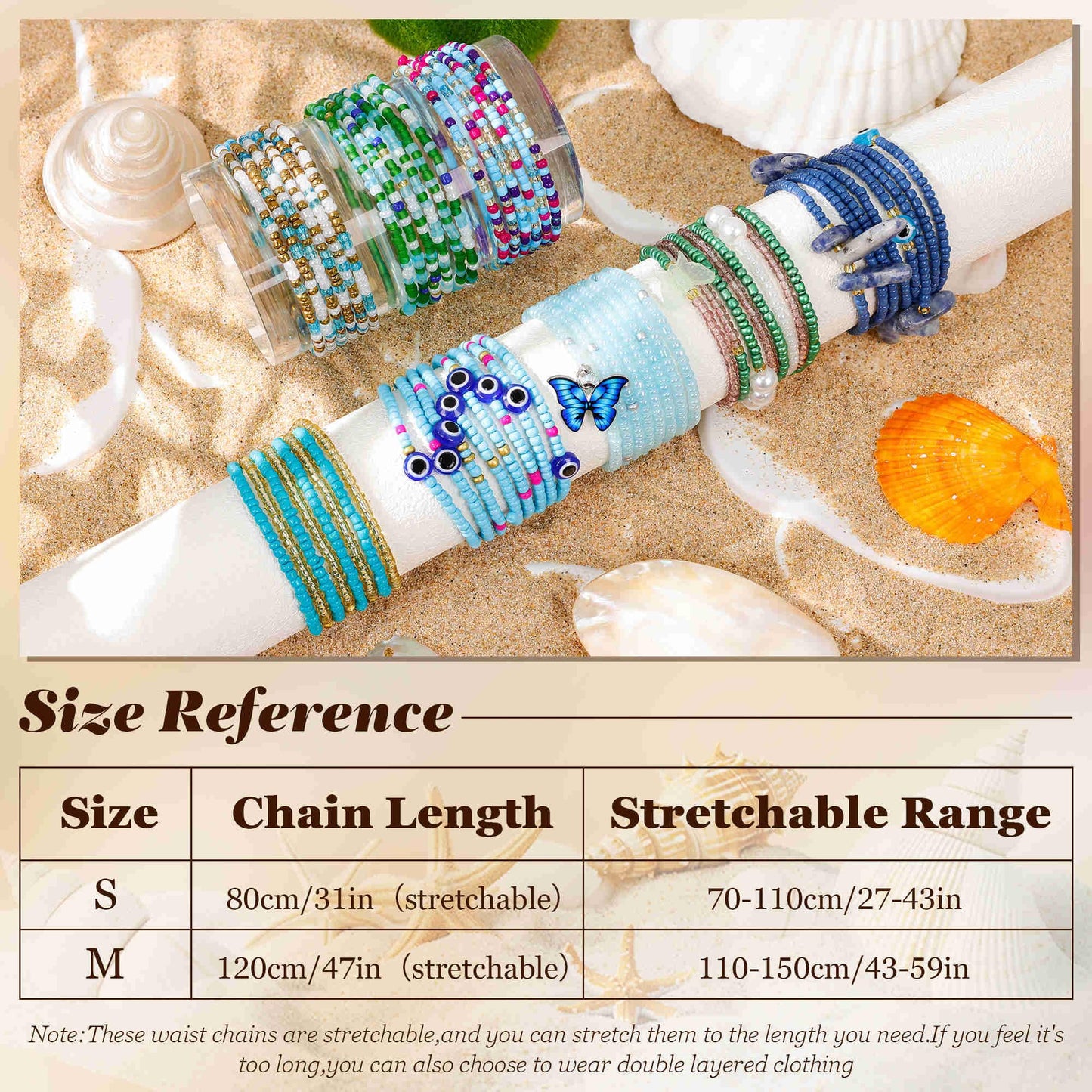 Masedy 8PCS African Waist Bead Chains for Women Layered Belly Body Chain Handmade Plus Size Beaded Belly Chain Colorful Elastic Flower Butterfly Body Chains Summer Beach Bikini Body Jewelry 31in C