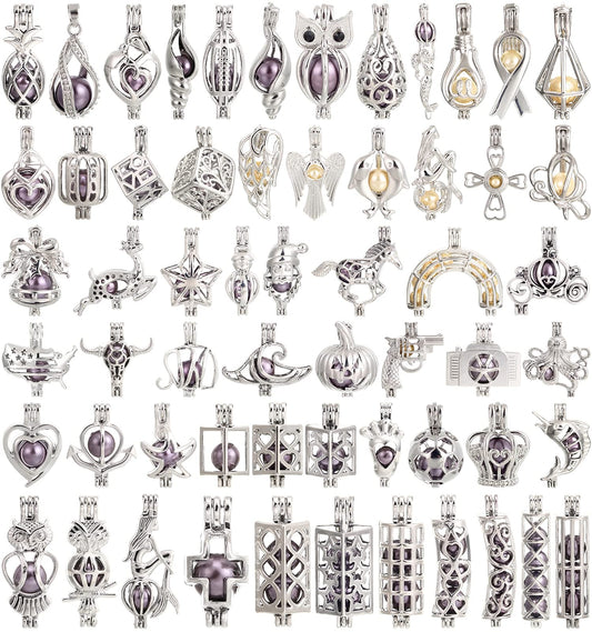 Vie jeune Mixed Pearl Cage Locket Pendants Set, Essential Oil Diffuser DIY Necklace Bracelet Jewelry Making Craft, Bulk Beads Aromatherapy Diffuser Charms Gifts for Women (Random 20pcs Dull Silver)