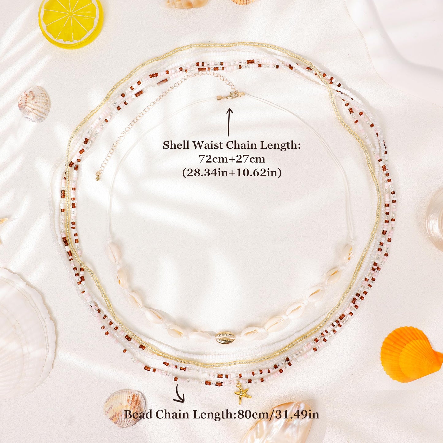 NICEIGHT 6Pcs Colorful Waist Beads Chain for Women Multi-layered Beaded Belly Chain Sexy Starfish Shell Chain for Waist Summer Beach Bikini Belly Body Chain Jewelry Brown