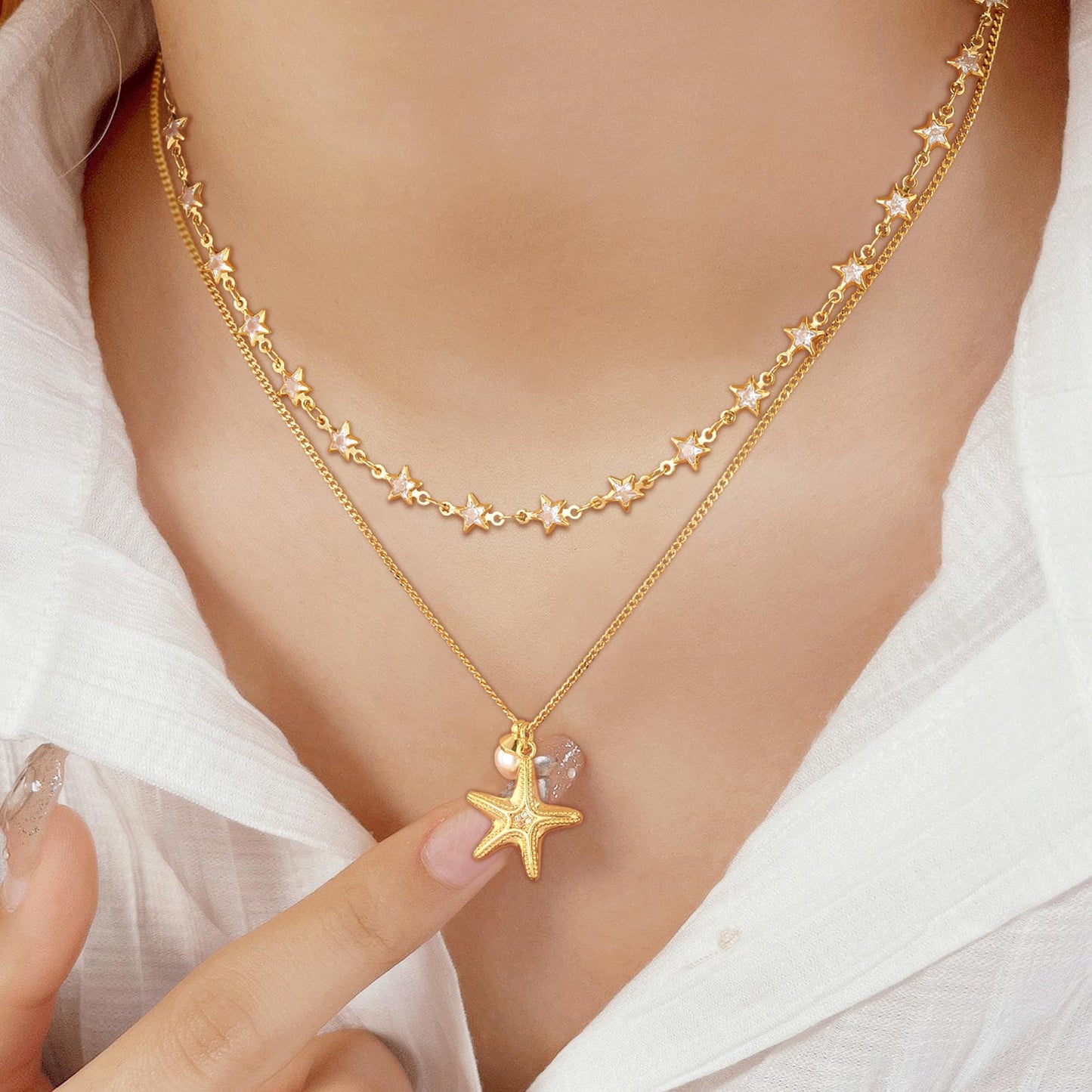 MTMY Beaded Necklaces for Women 14K Gold Plated Dainty Colorful Green/Rose Beaded Pearl Choker Necklace Delicate Boho Jewelry Gift (Star chain)