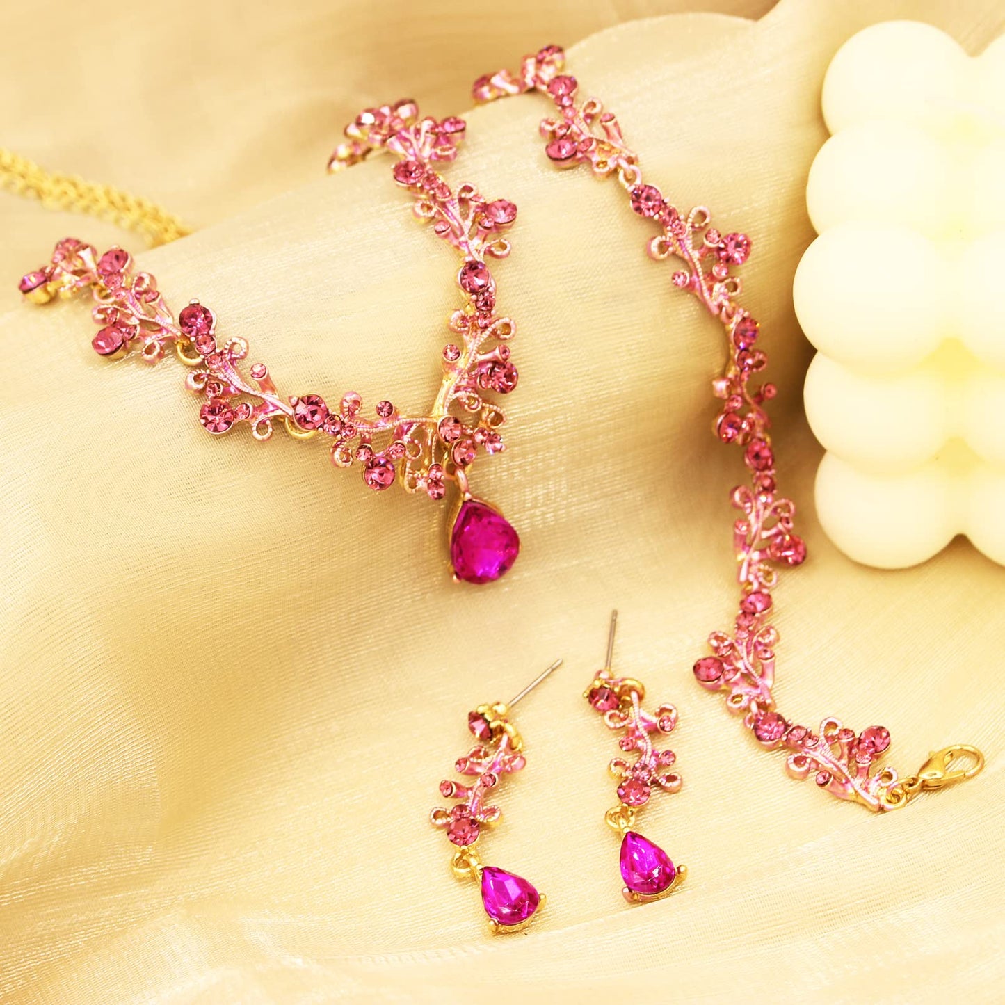 3Pcs Austrian Crystal Jewelry Set for Women, Necklace Dangle Earrings Link Bracelet Jewelry Set with Gold/Platinum/Gun Plated, Wedding Party Jewelry for Bridal Bridesmaid (Rose Red-Gold Plated)