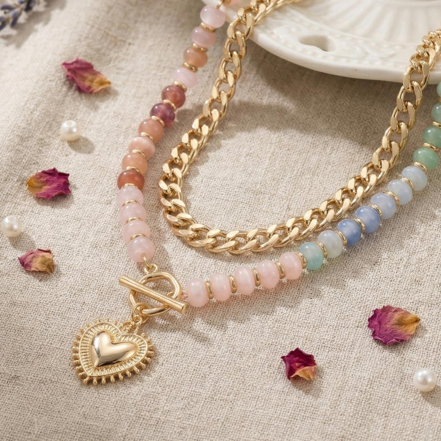 Frigotine Chunky Heart Necklace for Women, Pastel Blue Pink White Resin Beaded Choker with Gold Puffy Heart Pendant, Double Layer Chain Layered Statement Jewelry Gift