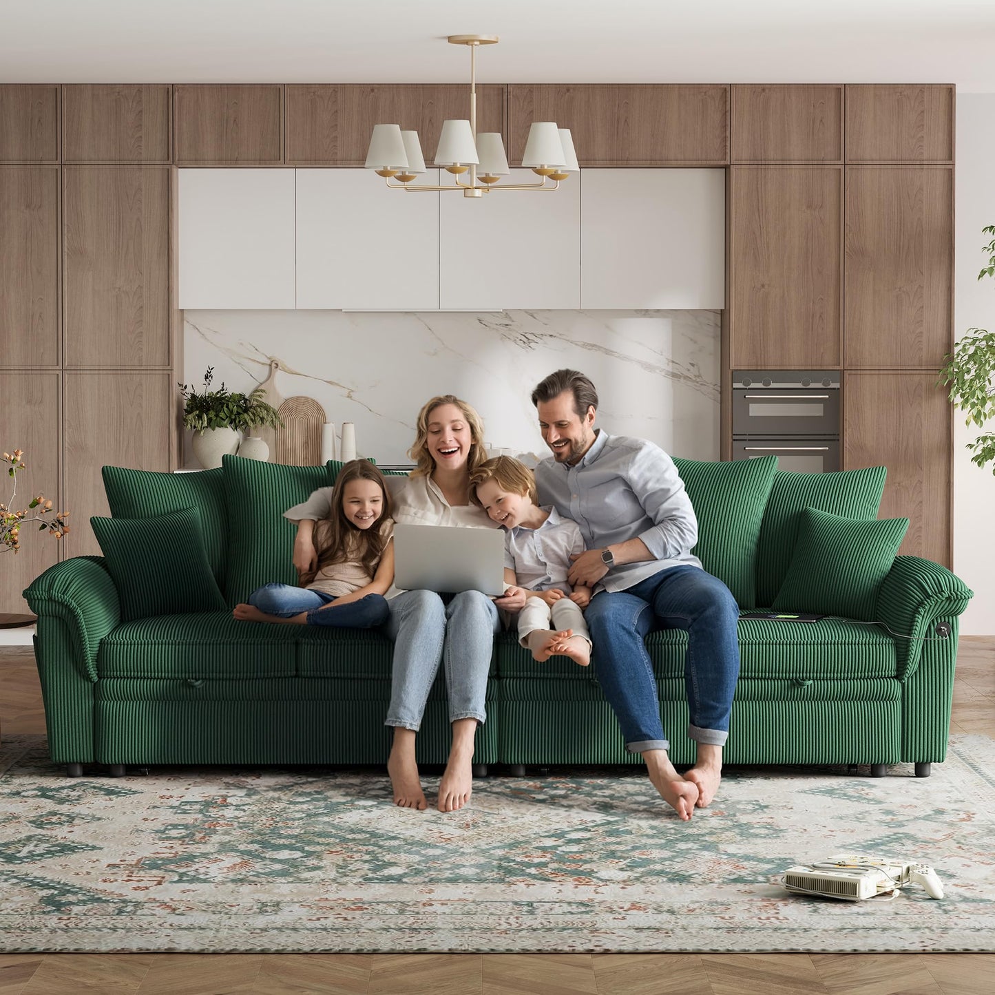 LINSY HOME Oversized Sectional Sleeper Sofa with Pull Out Couch Bed (Green, 110.5'')