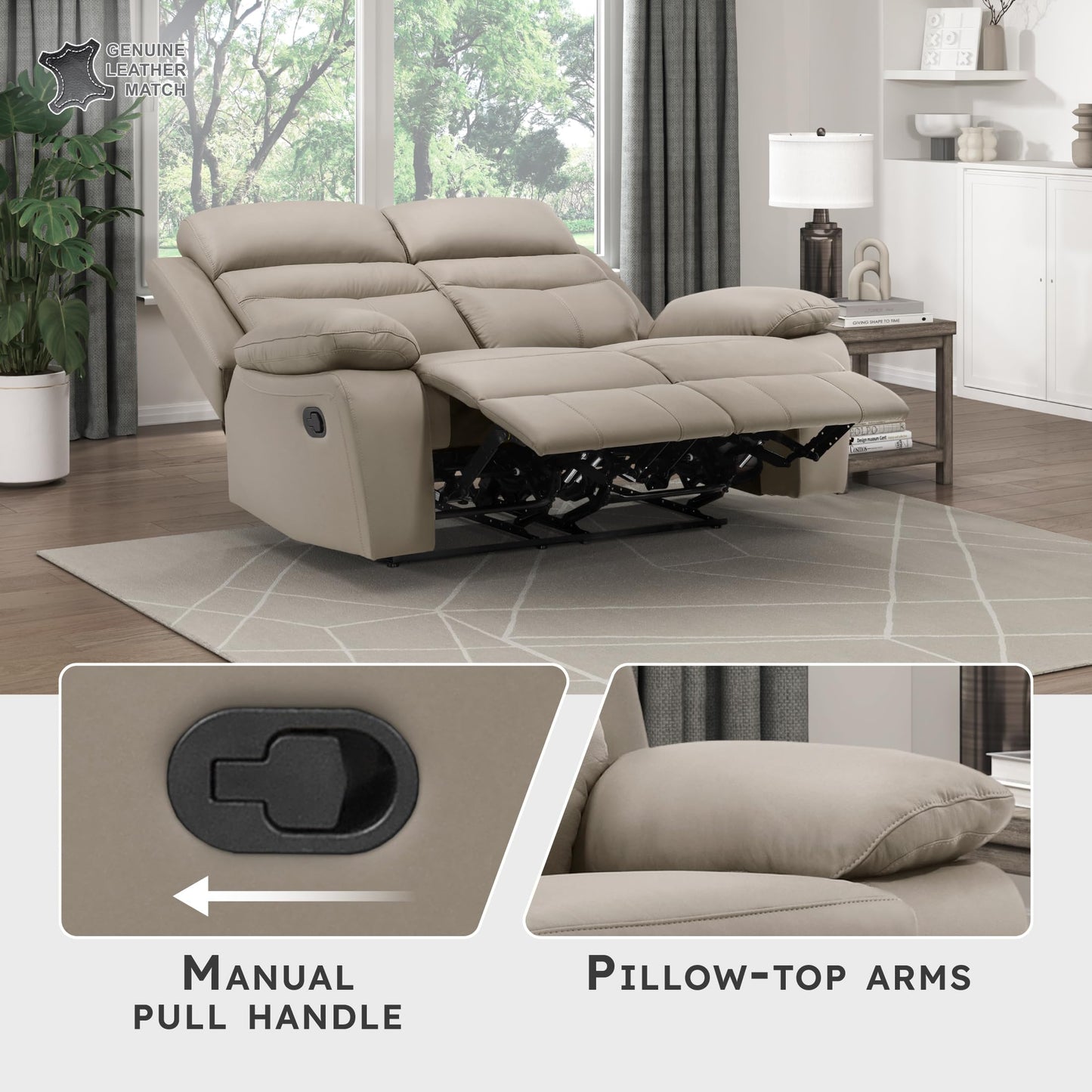 Lexicon 64" W Manual Reclining Loveseat, Top Grain Leather Match Reclining Love Seat, Home Theater Seating, Wall Hugger Recliner Couch, Manual Double Recliner RV Couch for Living Room, Latte