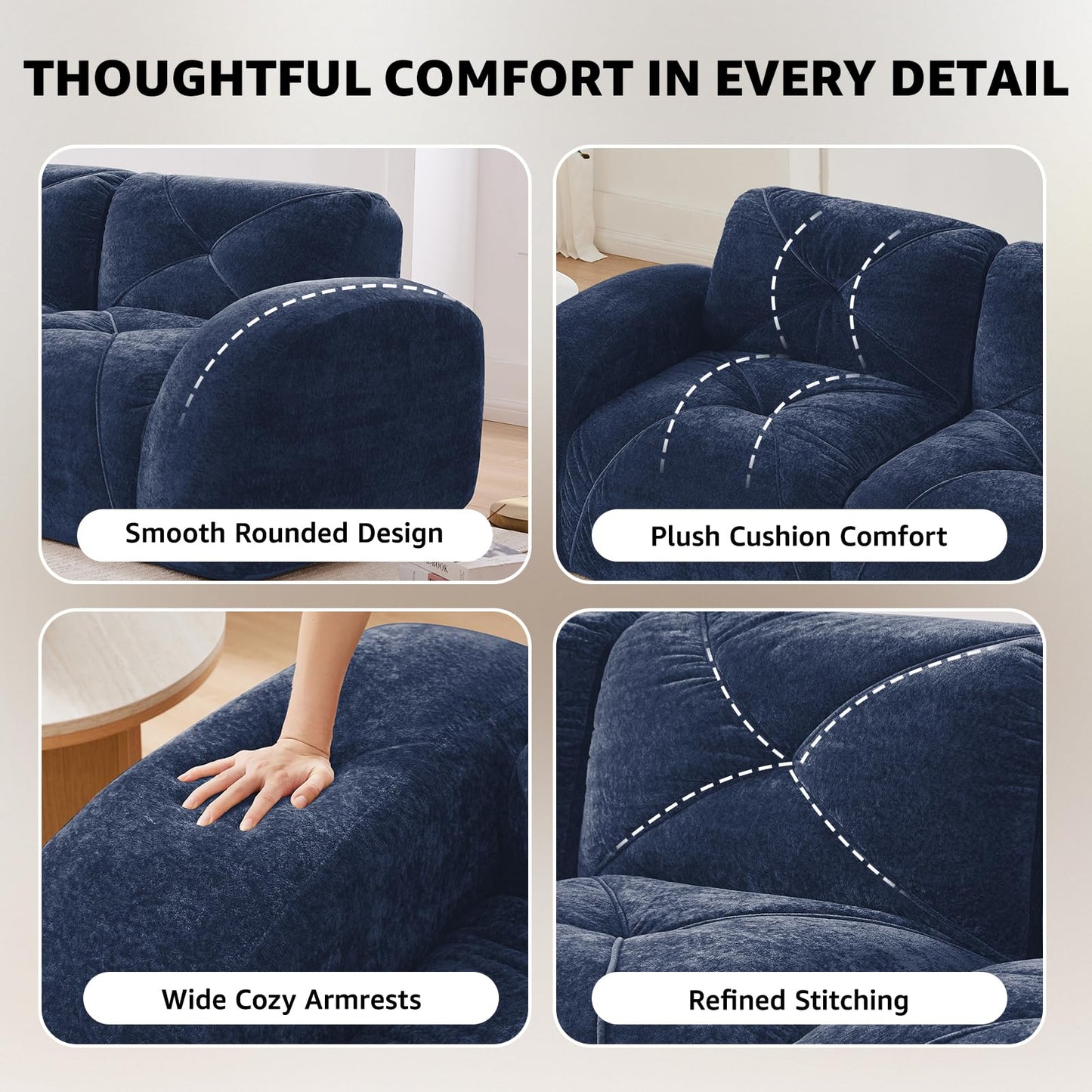 Blue L-Shaped Sectional Couches for Living Room, Velvet Fabric Boneless Couch, No Assembly Cloud Modular Sectional Sofa with 1 Ottoman, Foam Couch Compressed Sofa Set for Apartment, Sofas para Sala