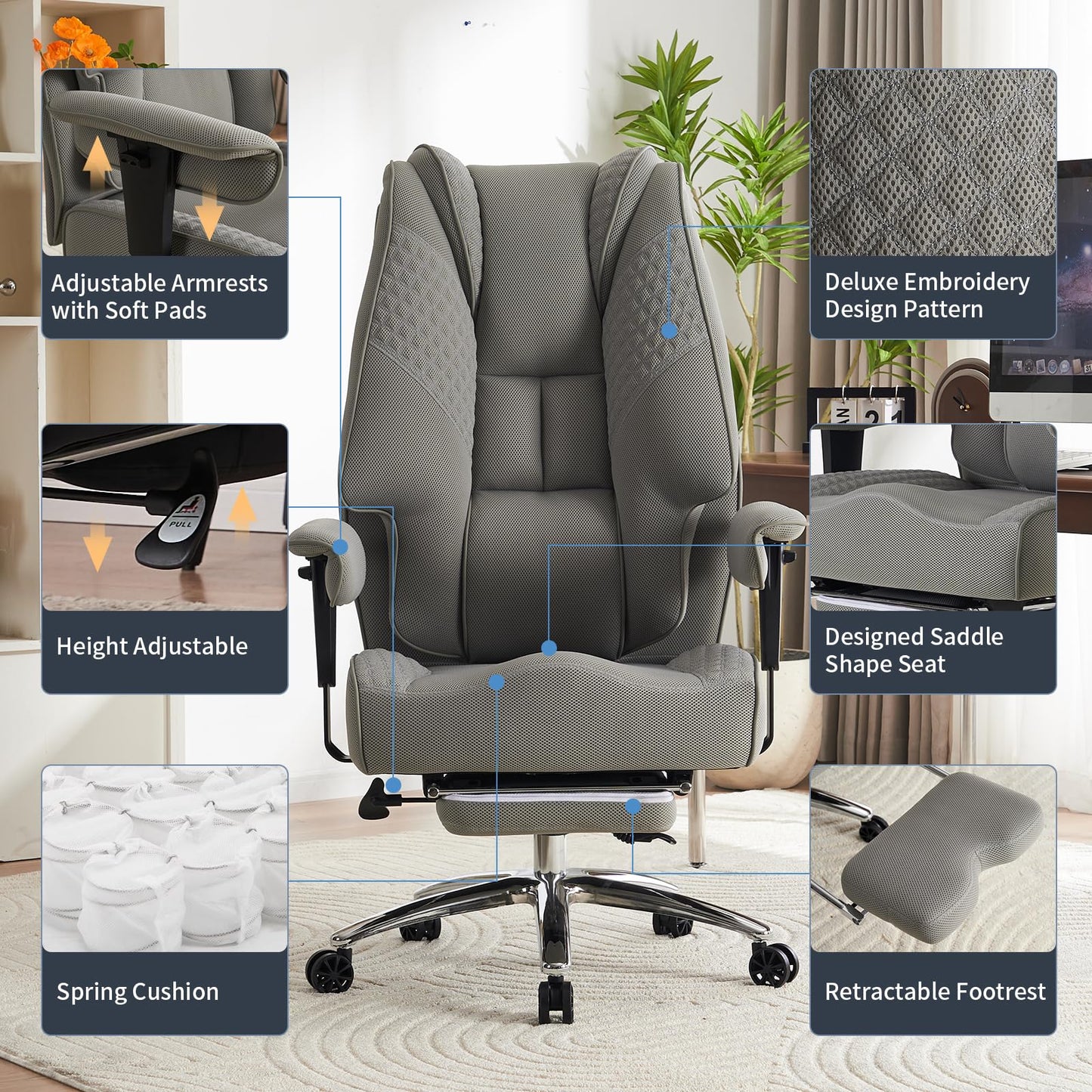 EXCEBET Big and Tall Office Chair 400lbs Wide Seat, Leather High Back Executive Office Chair with Foot Rest, Ergonomic Chairs Lumbar Support for Lower Back Pain Relief (Mesh Light Grey)