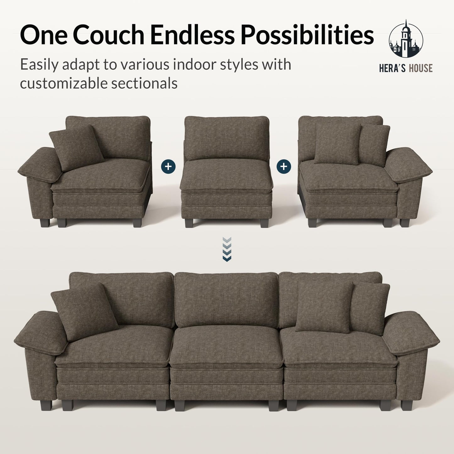 HERA'S HOUSE 158" Modular Sectional Sofa, Oversized U Shaped Couches for Living Room, Comfy Cloud Couch with Ottoman, 6-Seater Deep Seat Sofa with Throw Pillow, Chenille Ash