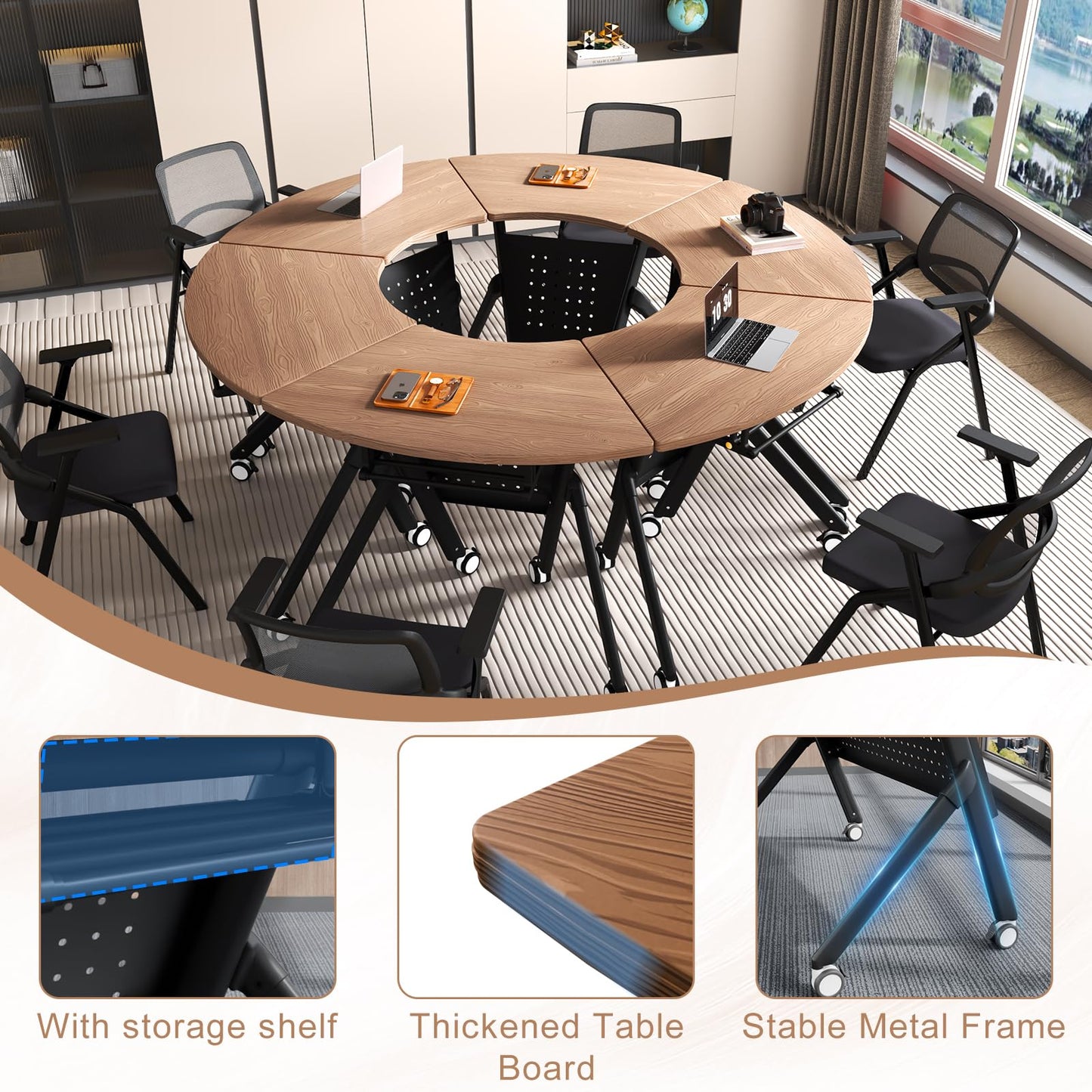 JFazzruit Folding Conference Table,Fan-Shaped Conference Room Tables with Wheels, Mobile Modular Seminar Meeting Desk for Classrooms,Office & Seminar (8, Fan-Walnut)