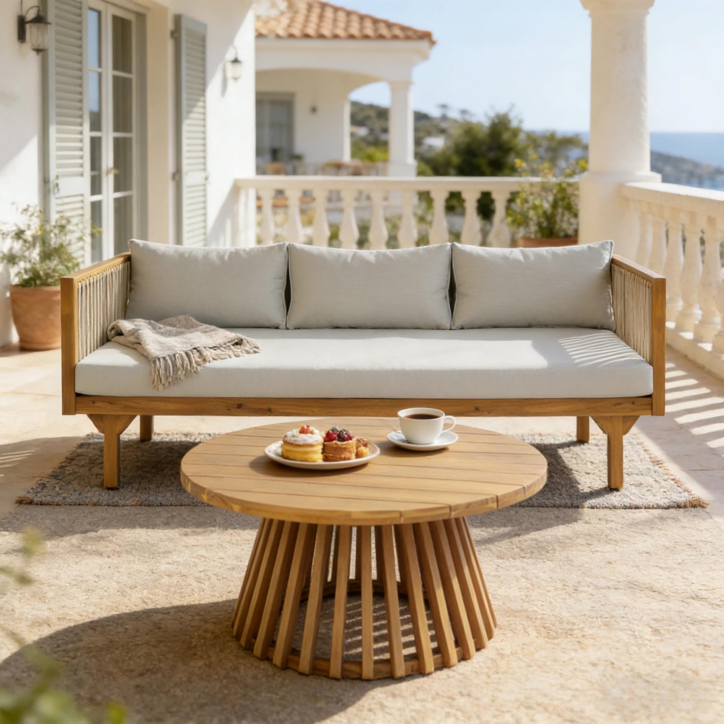 Merax Outdoor Acacia Wood Conversation Set - Patio 3-Seat Loveseat Sofa w/Coushion and Round Coffee Table for Backyard, Lawn, Balcony, Water Repellent, 600 lbs Sofa Capacity, Teak +Light Gray