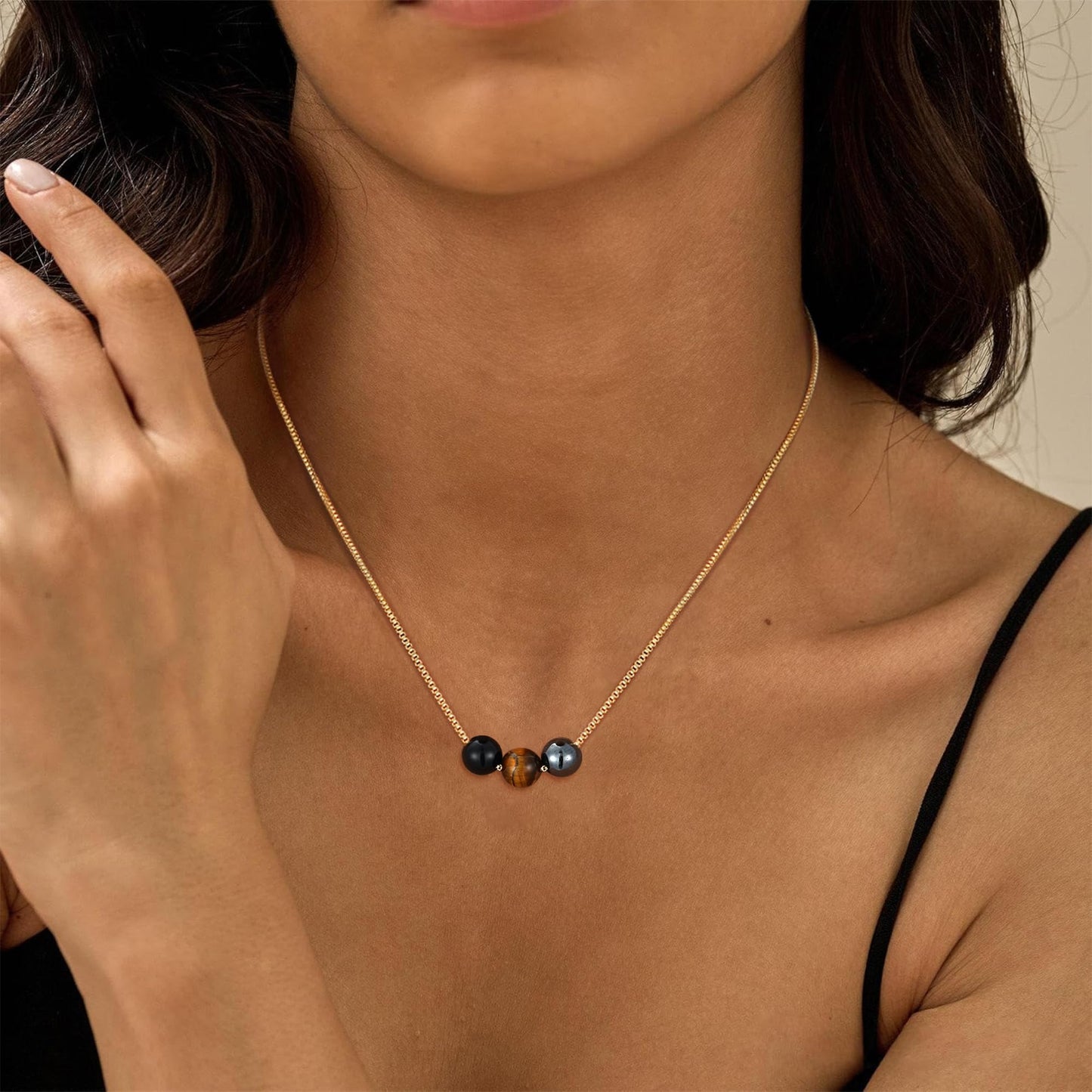 Suarlly Healing Crystal Necklace for Women 14k Plated Gold Beaded Necklace Tiger Eyes Anxiety Relief Triple Protection Gifts for Friends Sister Mom Daughter Jewelry