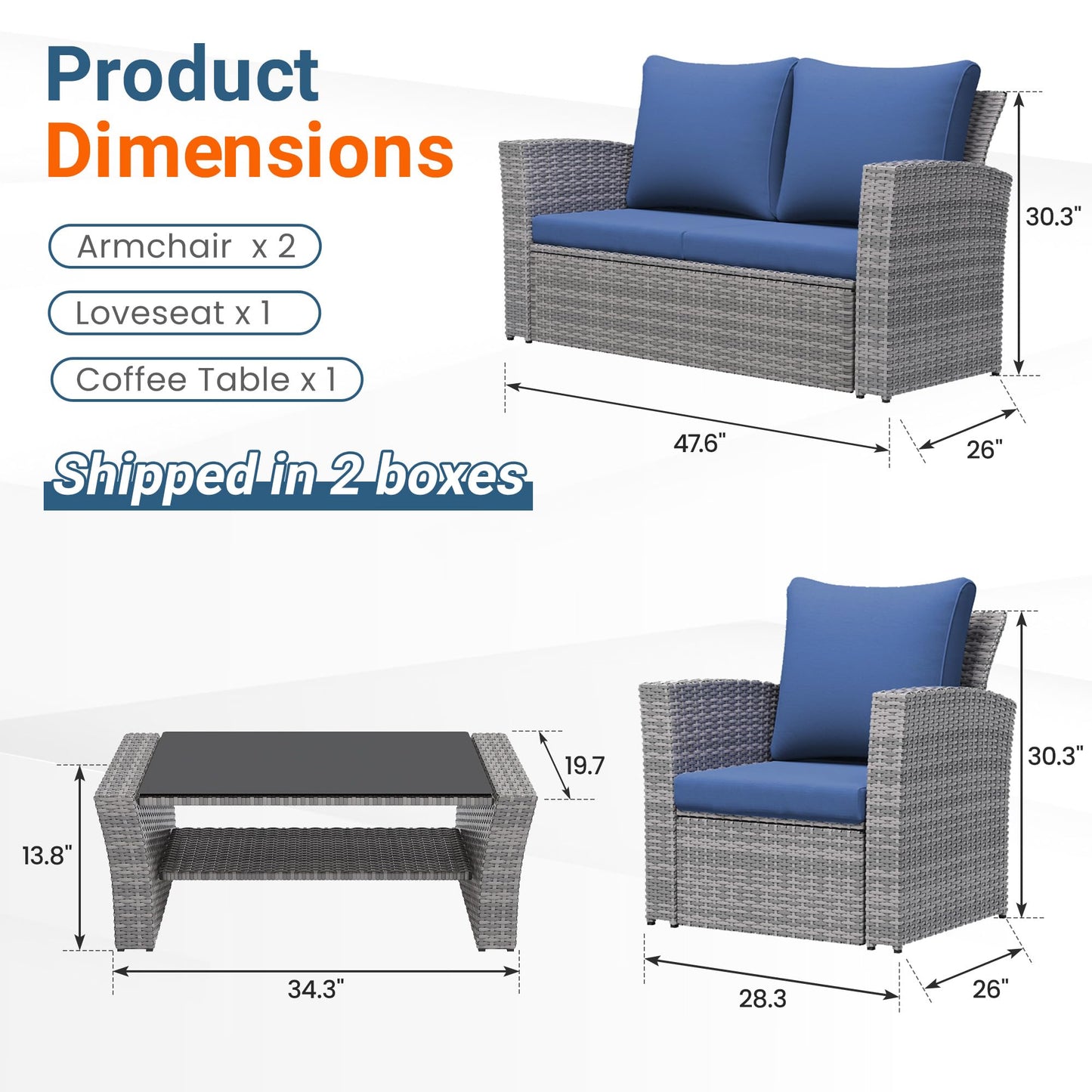 Wisteria Lane Patio Furniture Set, Wicker Outside Outdoor Furniture for All Weather, Patio Sofa with High Backrest Support and Wide Armrest for Backyard, Balcony, Deck, Porch, Blue