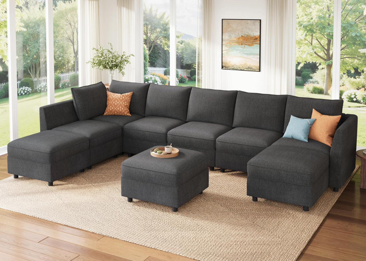 HONBAY Modular Sectional Sofa with Storage, U Shaped Couch Modular Convertible Sectional Couches for Living Room - Snowflake Velvet Grey